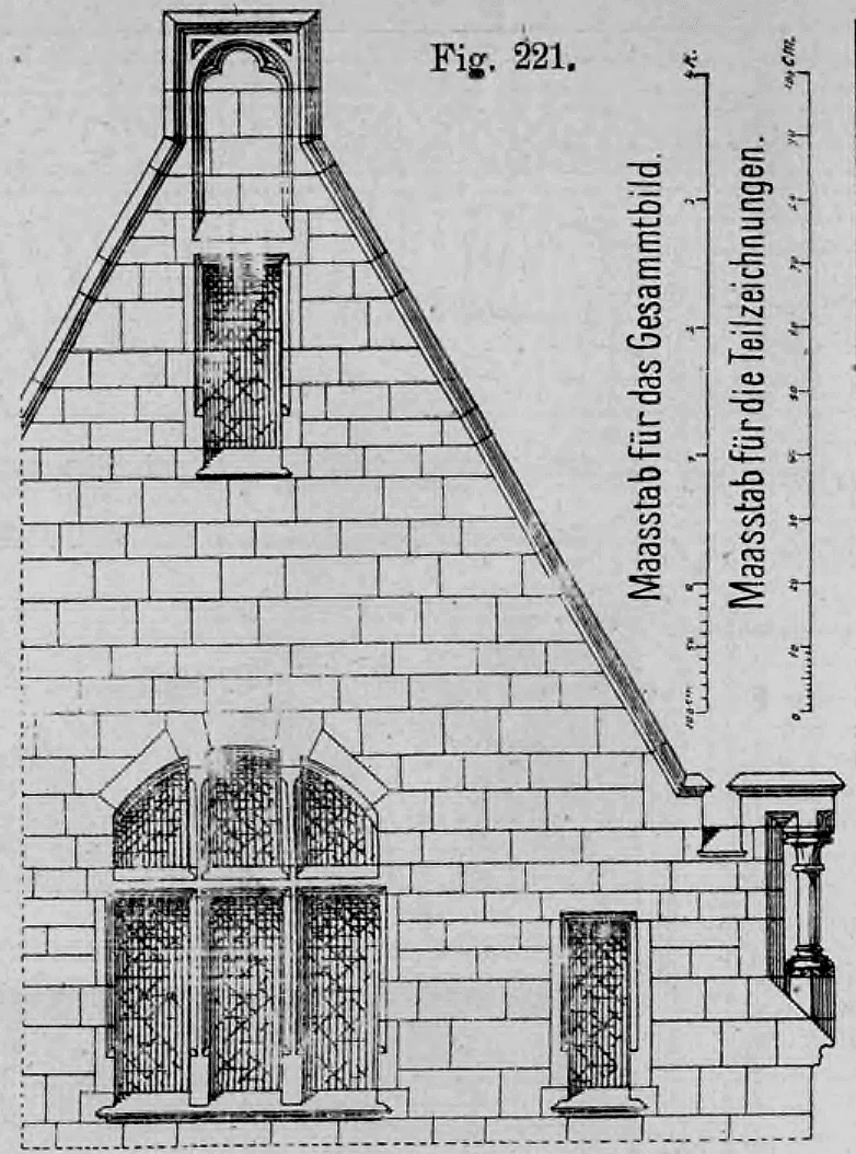 Fig. 221.: Aufriss einer Fassadenpartie mit Treppengiebel und verschiedenen Fensterformen.