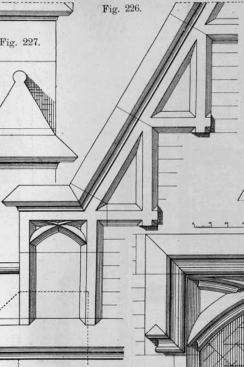 Fig. 226: Detail der Giebelspitze und der ansteigenden Dachkante mit ornamentalem Schmuck.