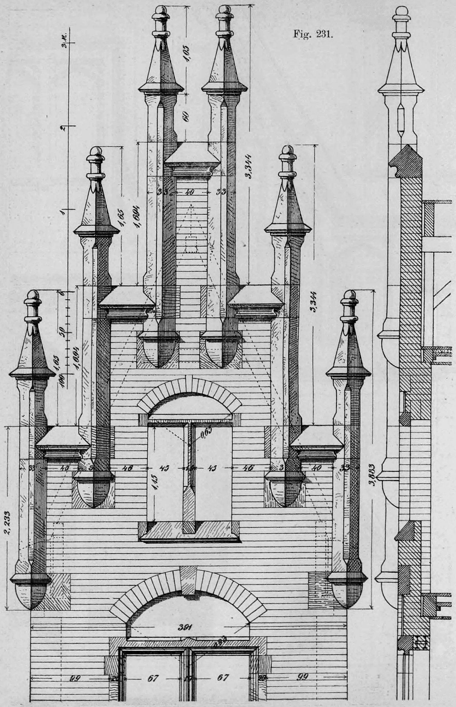 Fig. 231: Detaillierte architektonische Zeichnung einer gotischen Fiale mit Aufriss, Schnitt und Maßangaben.
