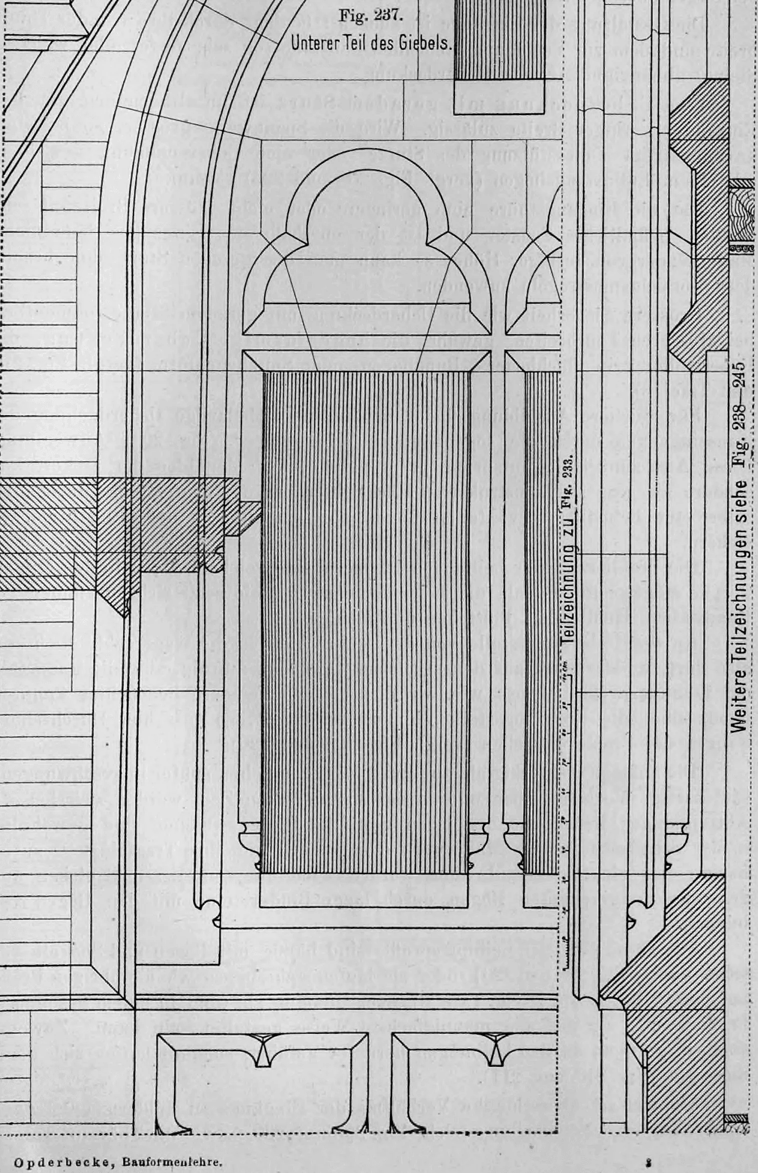 Fig. 237: Detaillierte Werkzeichnung des unteren Teils eines Giebels mit profilierten Fenstergewänden.