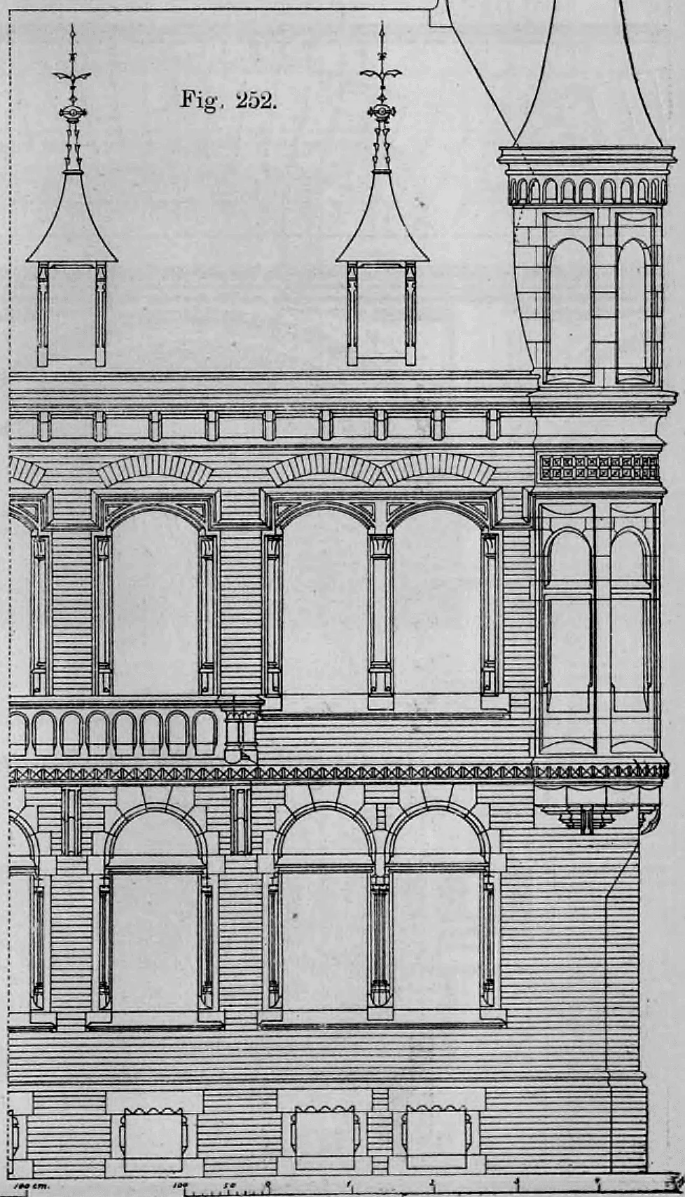 Fig. 252: Vorderansicht einer Wohnhausfassade mit einem Eckerker und einem Balkon.