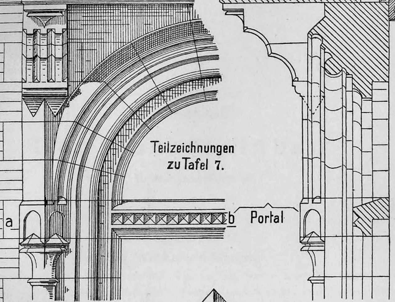 Detaildarstellung eines Rundbogenportals mit zugehörigem vertikalem Schnitt.