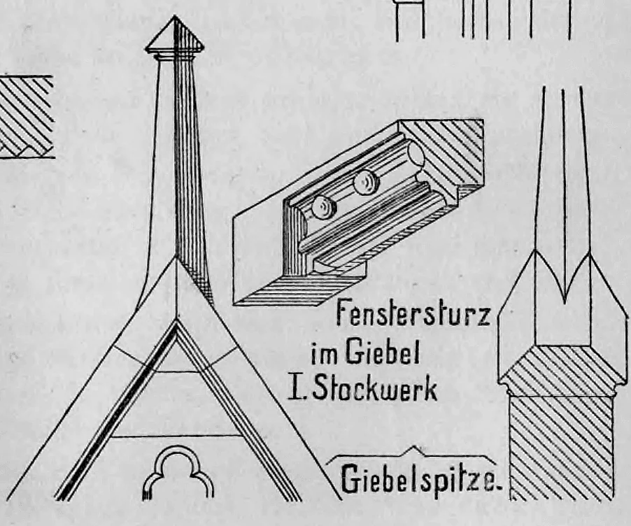 Vorder- und Seitenansicht der Giebelbekrönung.