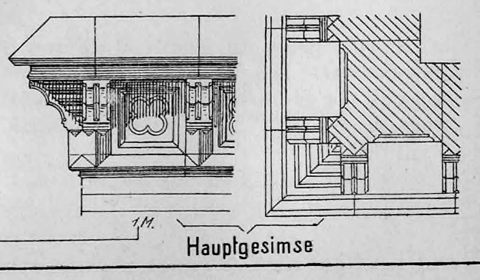 Detailzeichnung des Hauptgesimses mit Konsolen und Metermasstab.