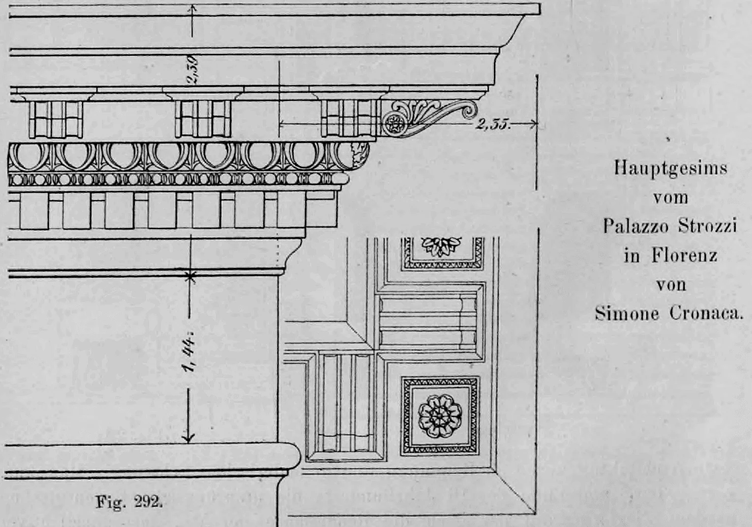 Fig. 292: Detailzeichnung des klassischen Hauptgesimses des Palazzo Strozzi in Florenz.