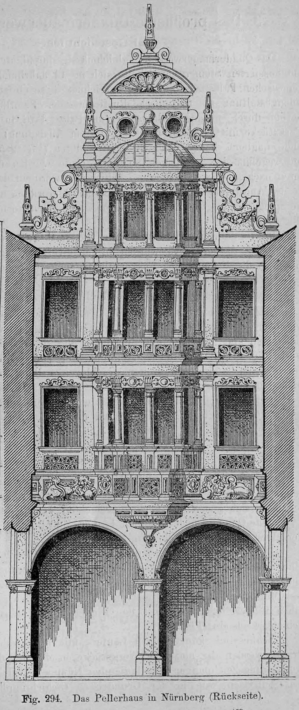 Fig. 294: Architekturzeichnung der Hoffassade (Rückseite) des Pellerhauses in Nürnberg.
