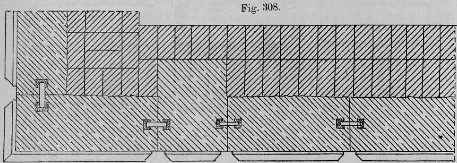 Fig. 308: Grundriss einer Quaderschicht mit Darstellung der Fugen und Metallklammern.