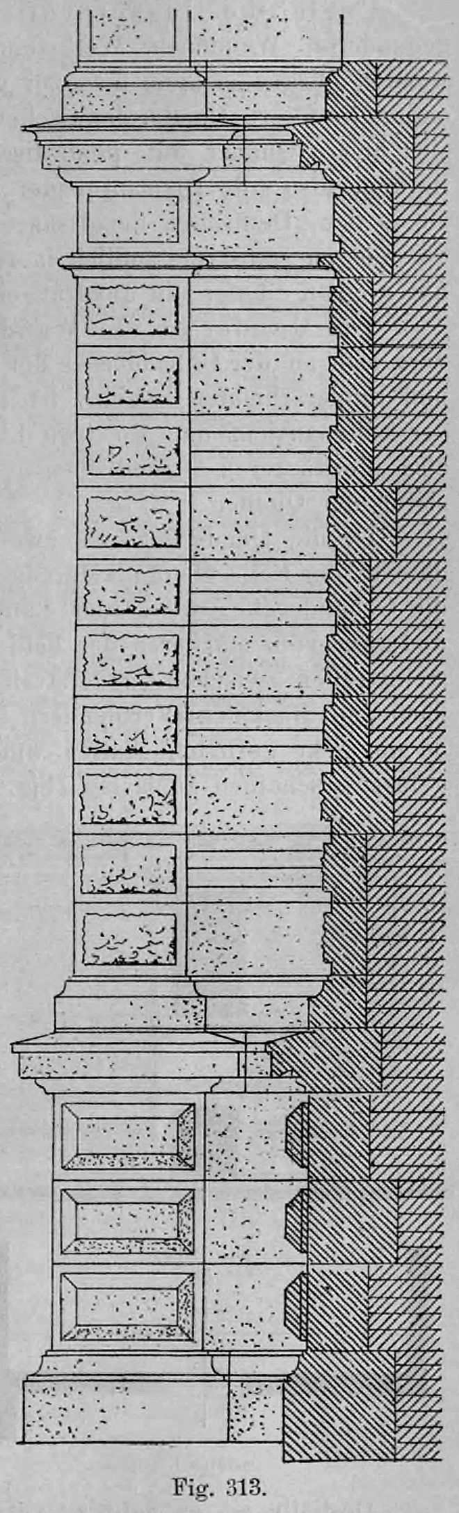 Fig. 313.: Detailzeichnung einer Eckquaderung in Kombination mit Backsteinverblendung.