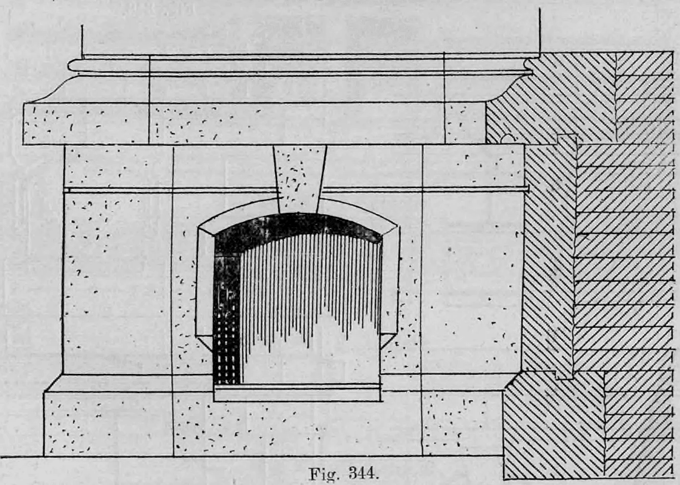 Fig. 344: Aufriss und Teilschnitt eines Kellersockels mit einem Fenster.