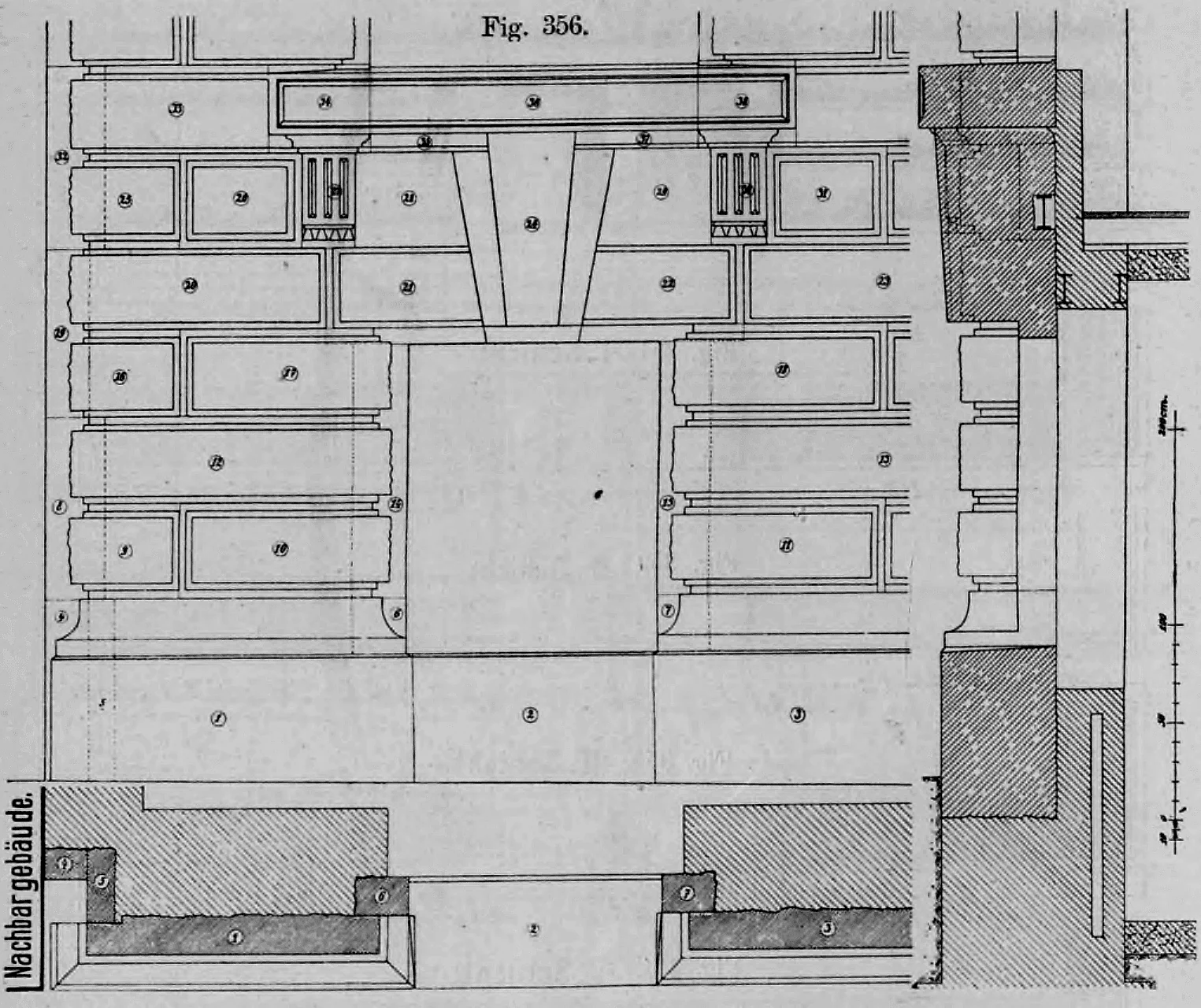Fig. 356: Detailreiches Fassadenbeispiel eines hohen Sockels mit Rustika-Quaderung.