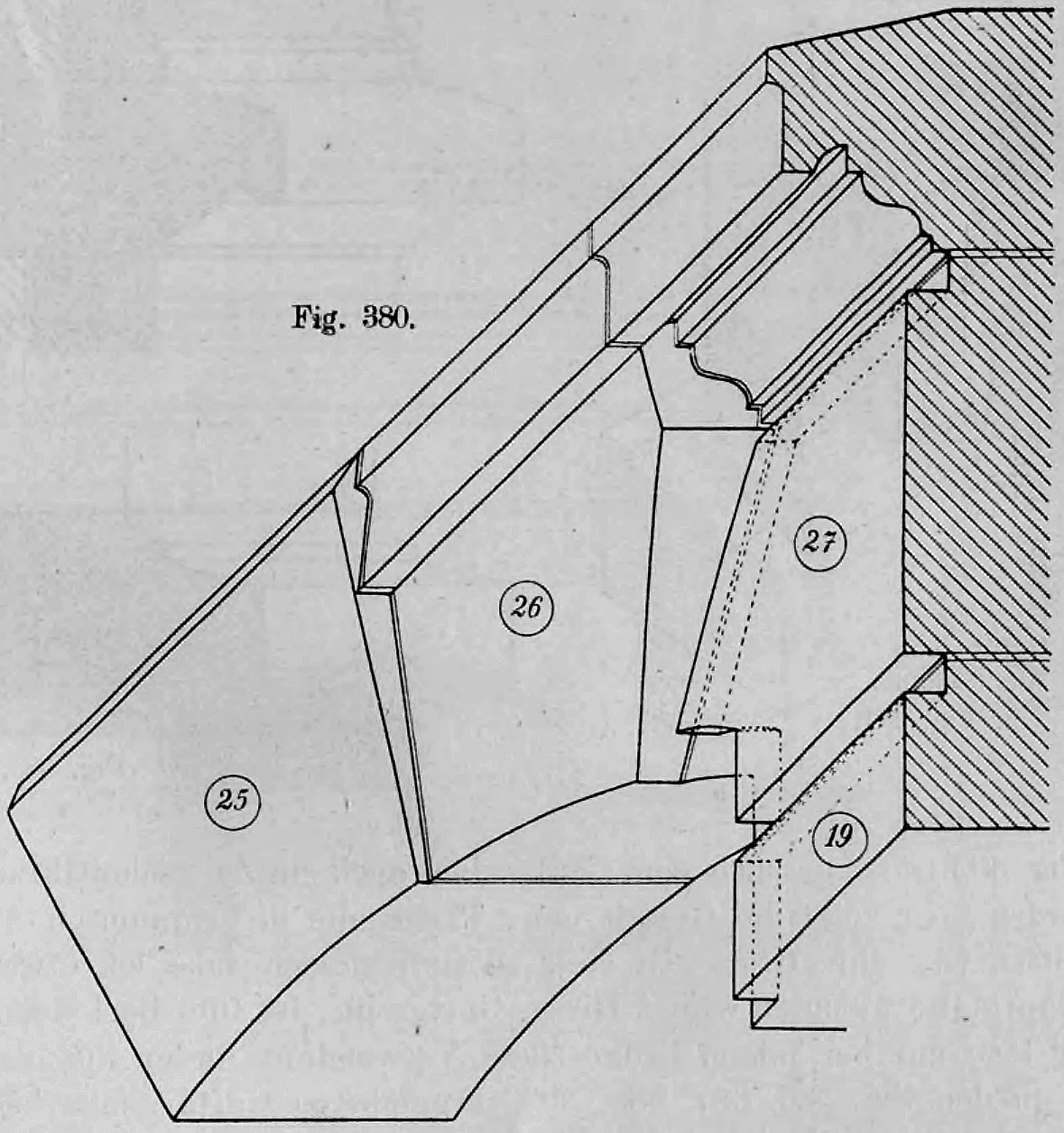Fig. 380: Perspektivische Detailzeichnung eines Gurtgesimsprofils.