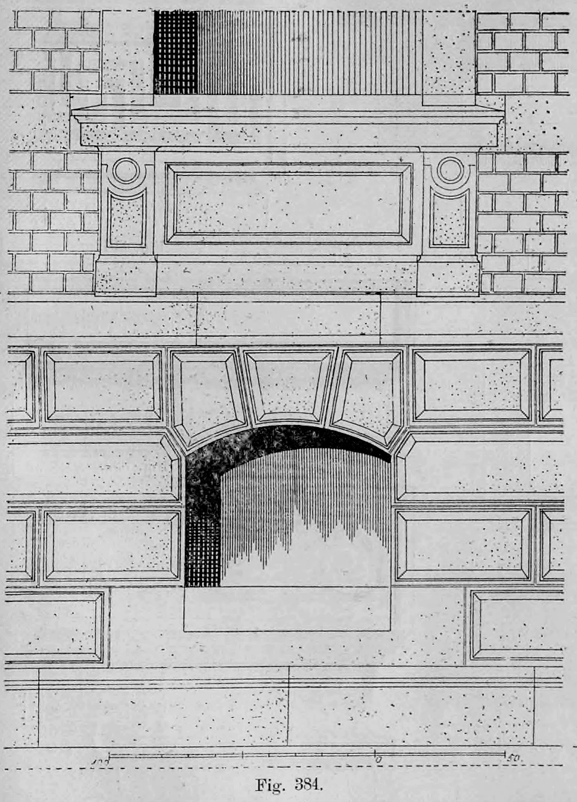 Fig. 384.: Aufriss eines Fensters mit reich ornamentiertem Fries und Gurtgesims als Zwischengebälk.