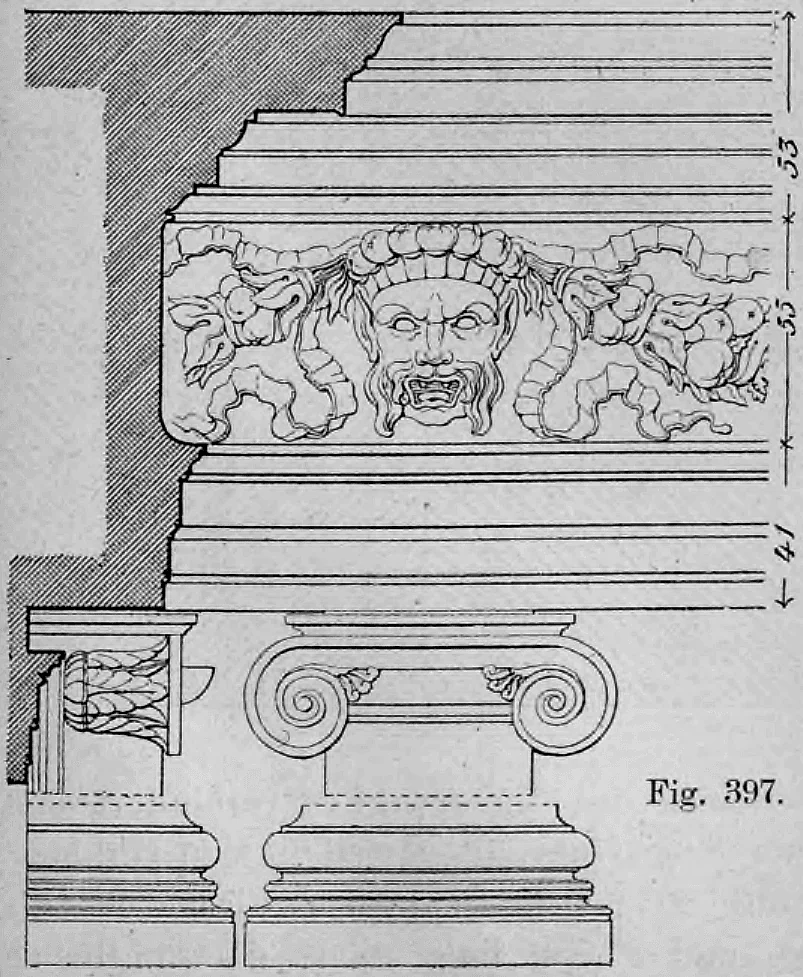 Fig. 397: Detaillierte Darstellung eines Gebälks mit Volutenkonsole.