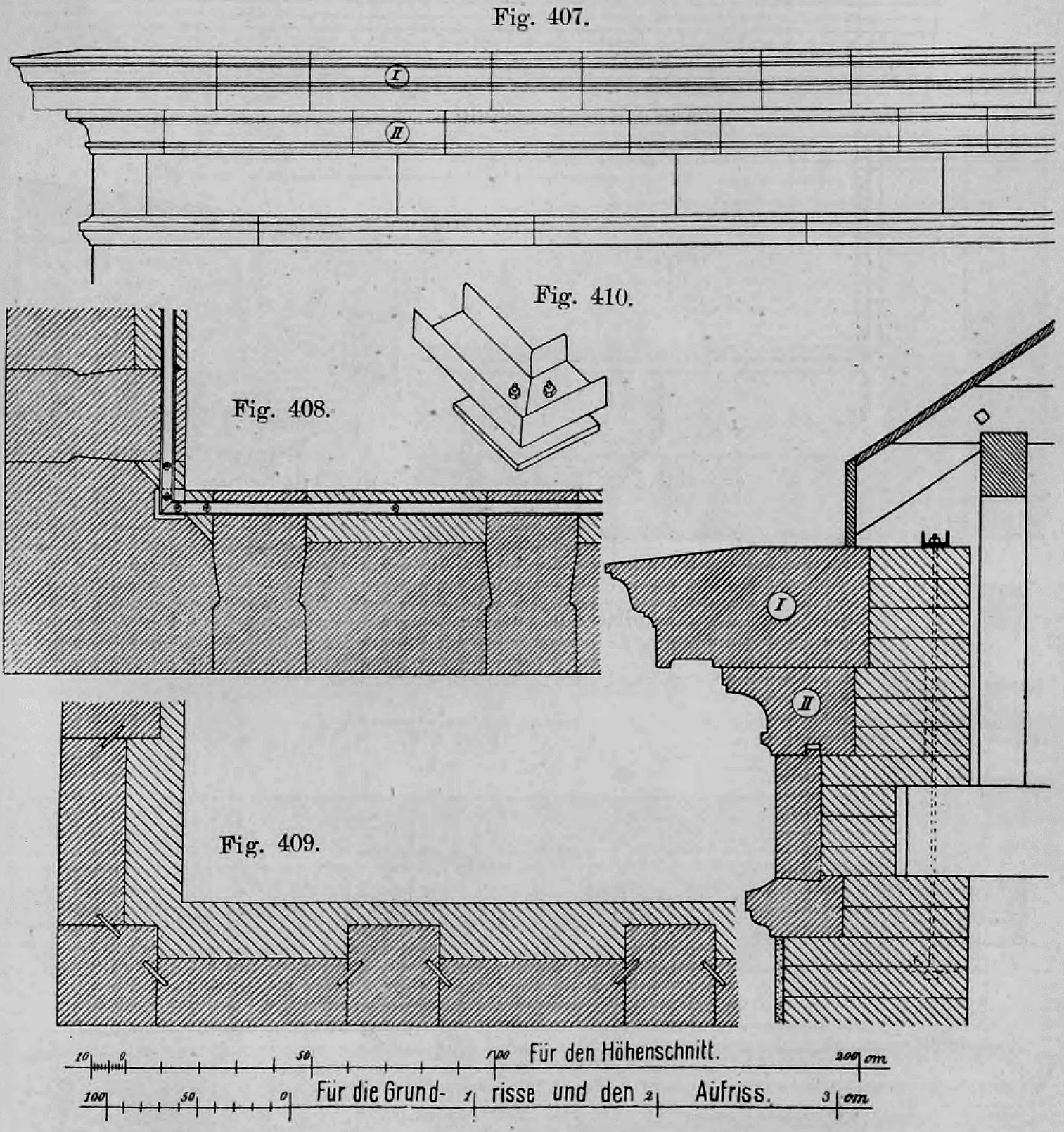 Fig. 407, 408, 409, 410: Zusammenstellung technischer Zeichnungen zur Verankerung.