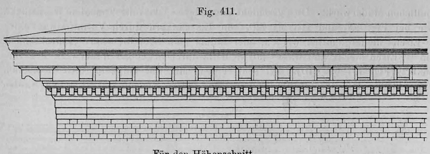 Fig. 411: Vorderansicht eines monumentalen Hauptgesimses mit Zahnschnitt.