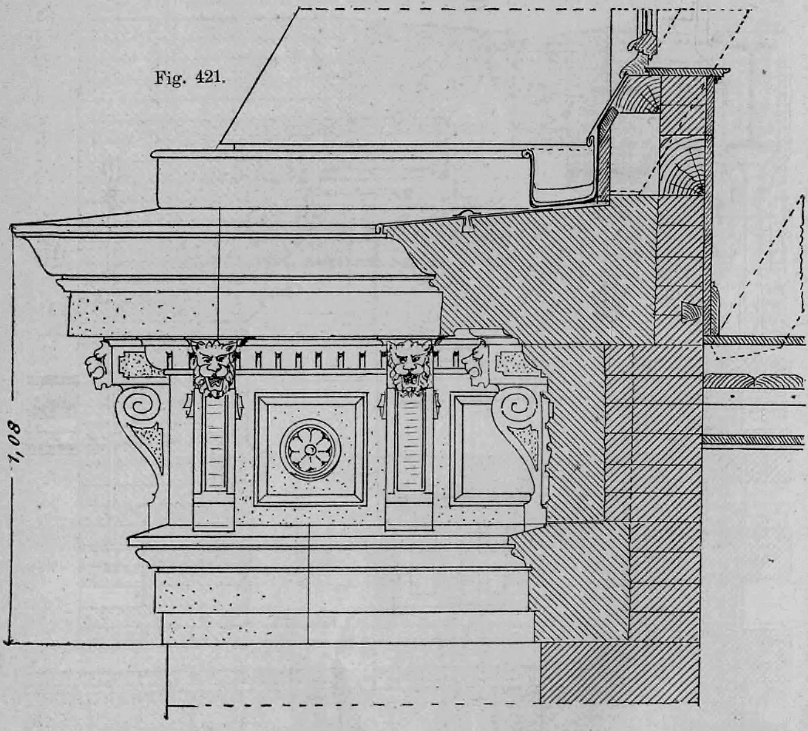 Fig. 421: Aufriss und Profil eines reich verzierten Hauptgesimses.