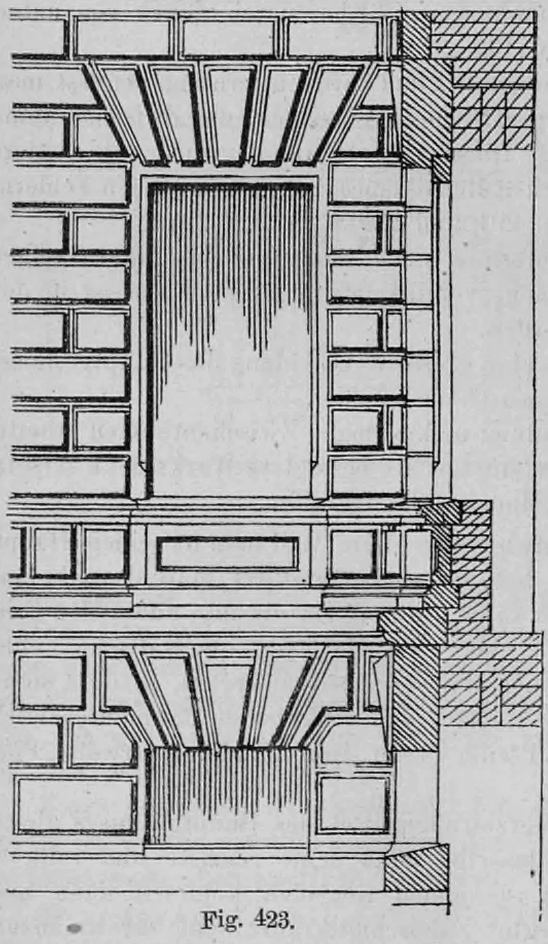 Fig. 423: Aufriss und Profilschnitt einer Fensteröffnung in Quadermauerwerk.
