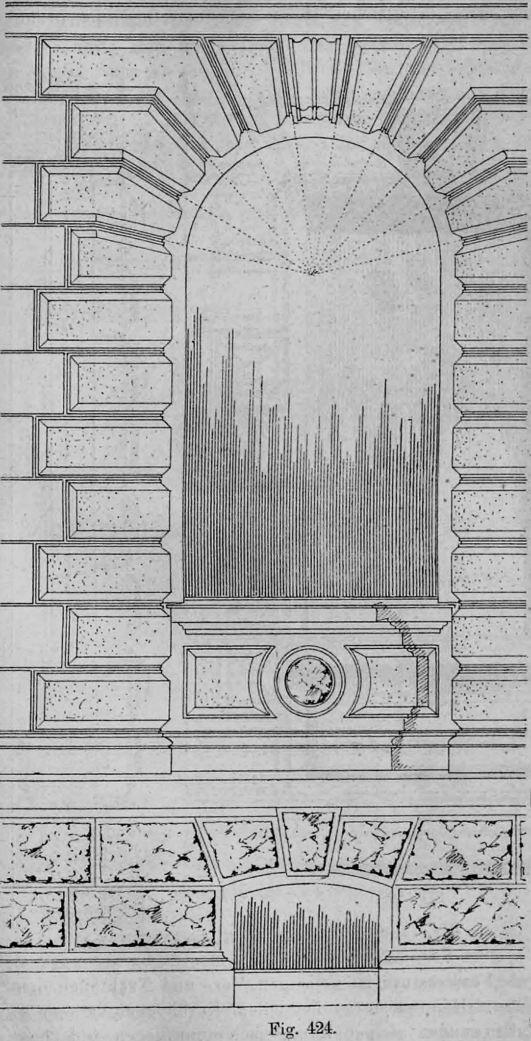 Fig. 424: Vorderansicht einer tiefen Rundbogennische in rustiziertem Quadermauerwerk.