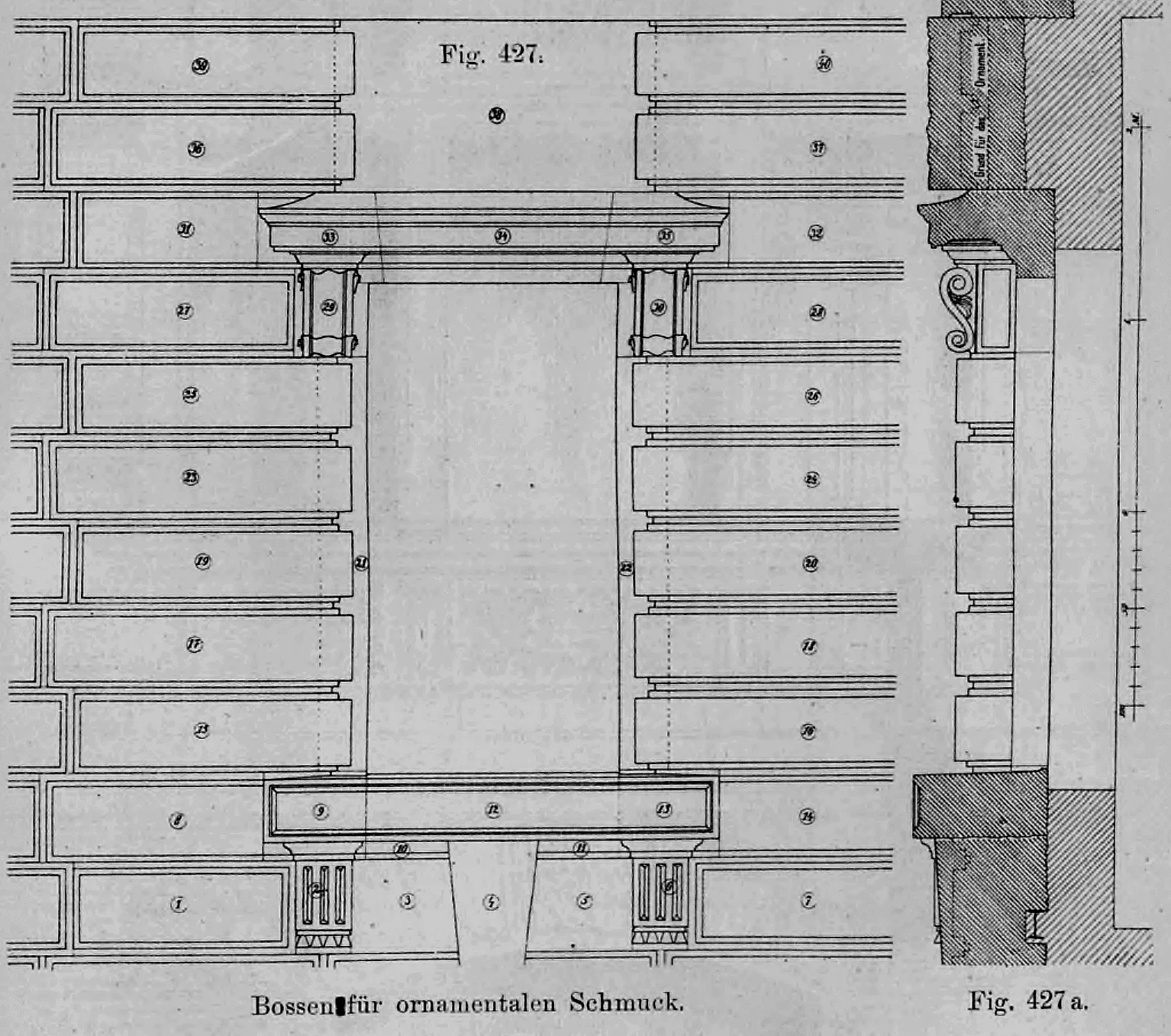 Fig. 427 & Fig. 427 a.: Vorderansicht und Profilschnitt eines Fensters in Quadermauerwerk.