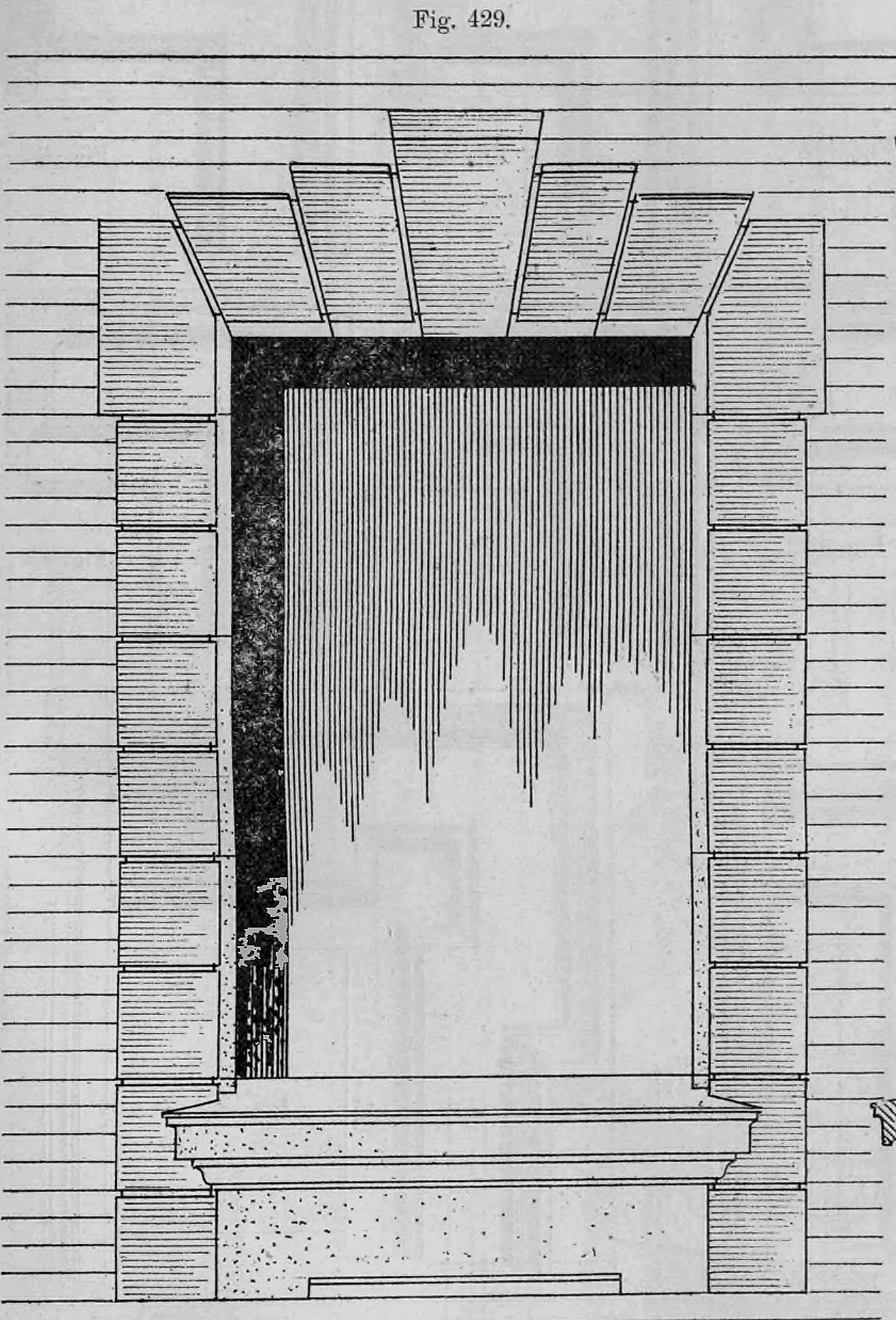 Fig. 429: Aufriss eines Fensters in Quadermauerwerk mit einem massiv hervortretenden Schlussstein.
