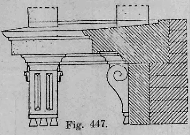 Fig. 447: Profil- und Teilansicht eines Fensterhauptgesimses mit großer Volutenkonsole.