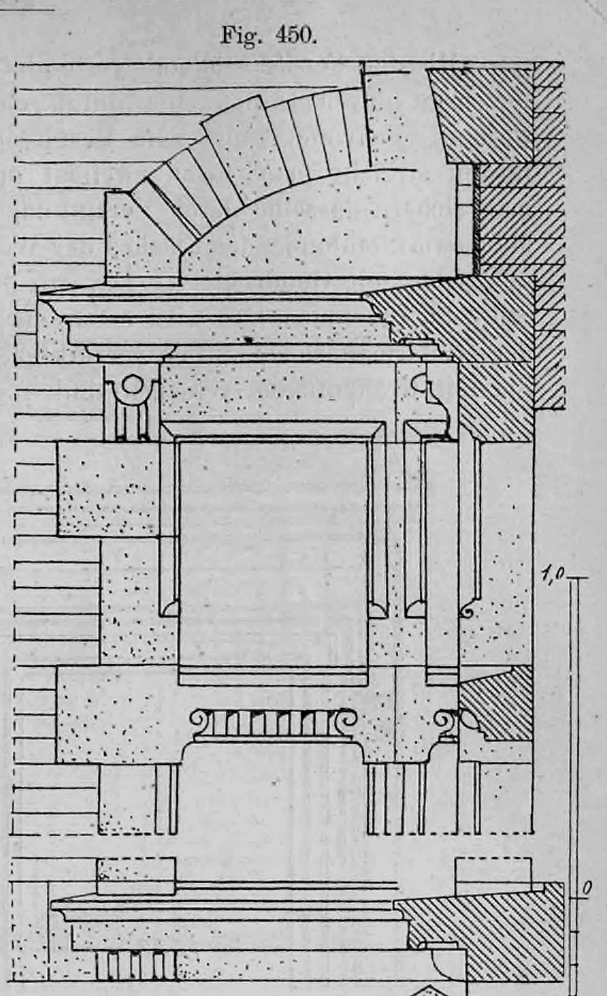 Fig. 450: Aufriss und Schnitt eines Fensters mit architravisiertem Sturz.