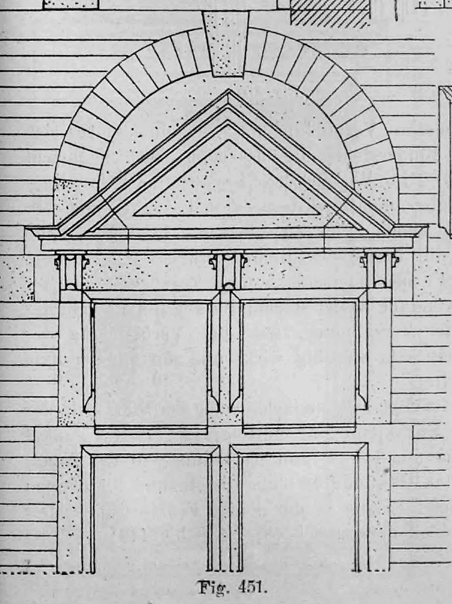 Fig. 451: Aufriss einer Doppelfensteranlage mit Dreiecksgiebel.