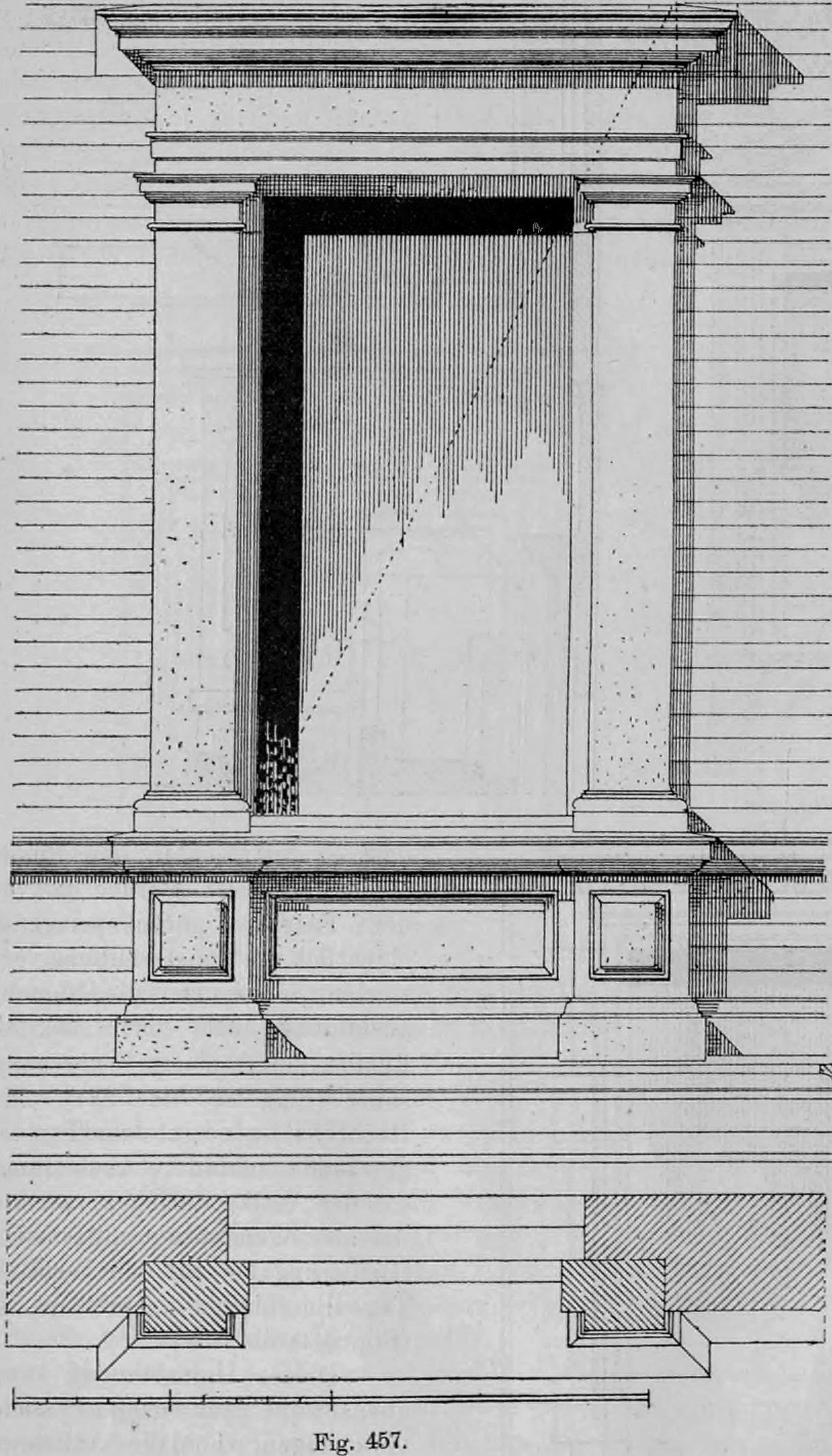 Fig. 457: Vorderansicht einer monumentalen Fensteranlage mit architravierter Rahmung.