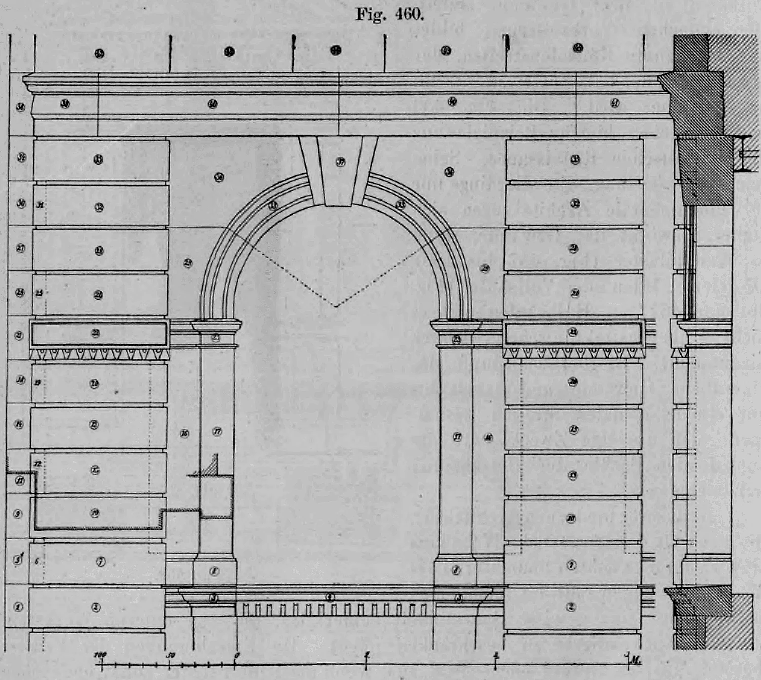 Fig. 460.: Detaillierte Werkzeichnung eines Fensterbogens mit Fugenschnitt.