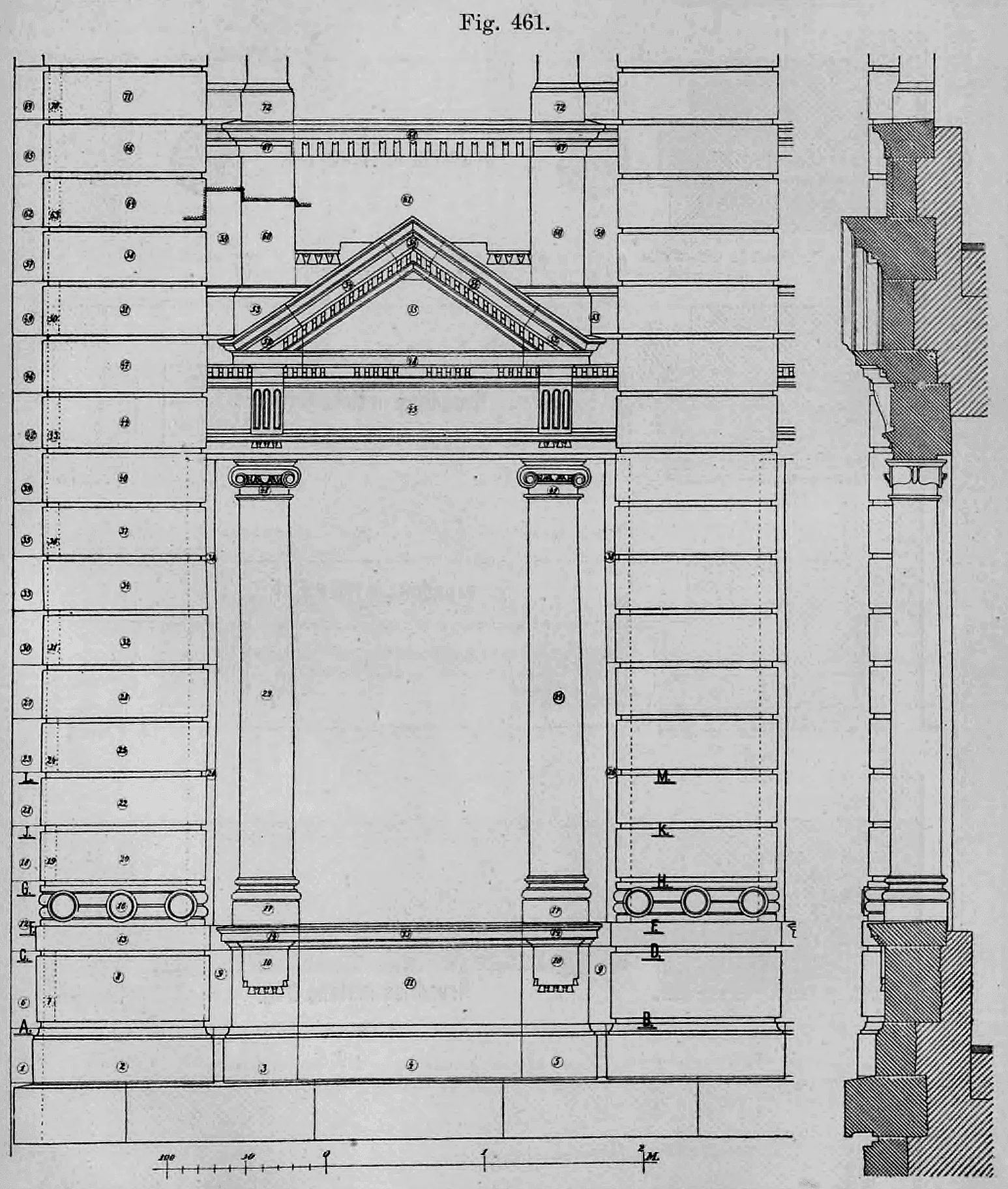 Fig. 461: Aufriss und Profilschnitt einer monumentalen Fensterarchitektur.