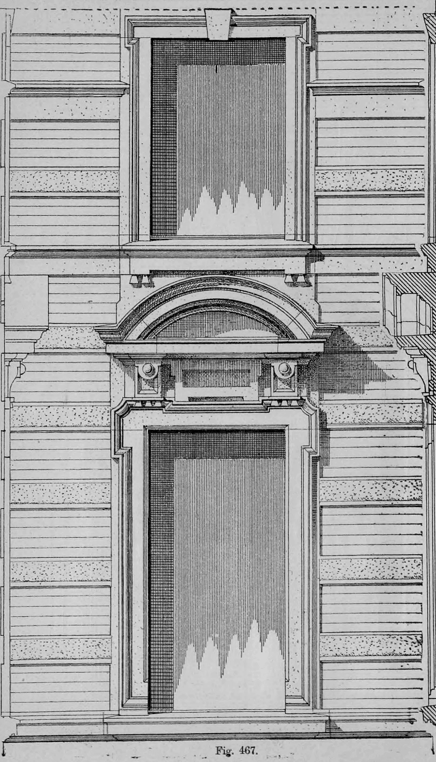 Fig. 467.: Aufrisszeichnung einer Fassadenpartie mit zwei übereinander angeordneten Wandöffnungen.