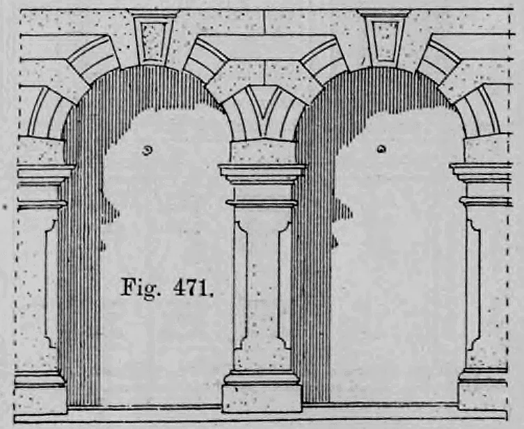 Fig. 471: Aufriss eines gekuppelten Rundbogenfensters mit schmalem Teilungspfeiler.