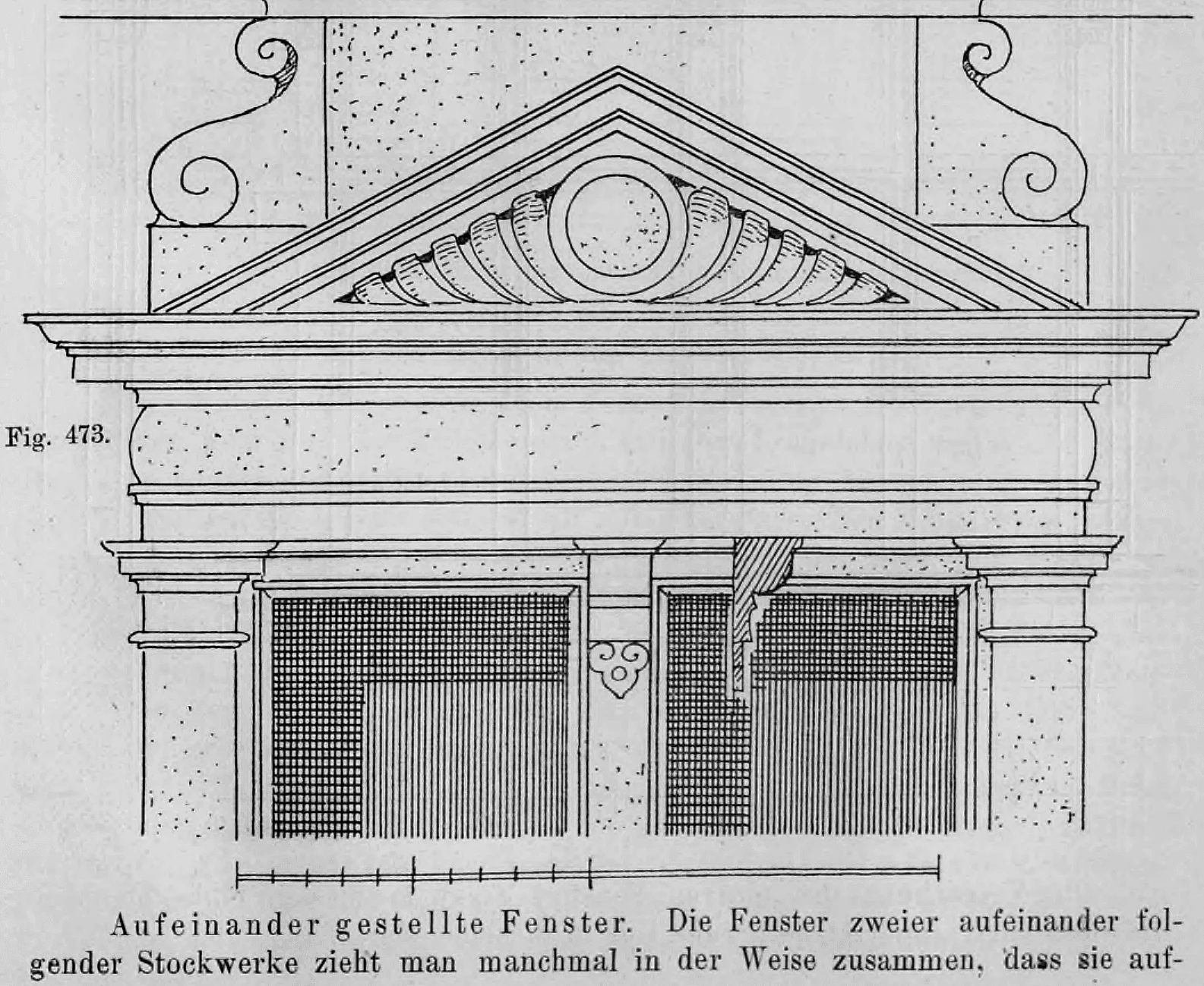 Fig. 473: Darstellung eines gekuppelten Fensters mit gemeinsamer Dreiecksgiebel-Verdachung.