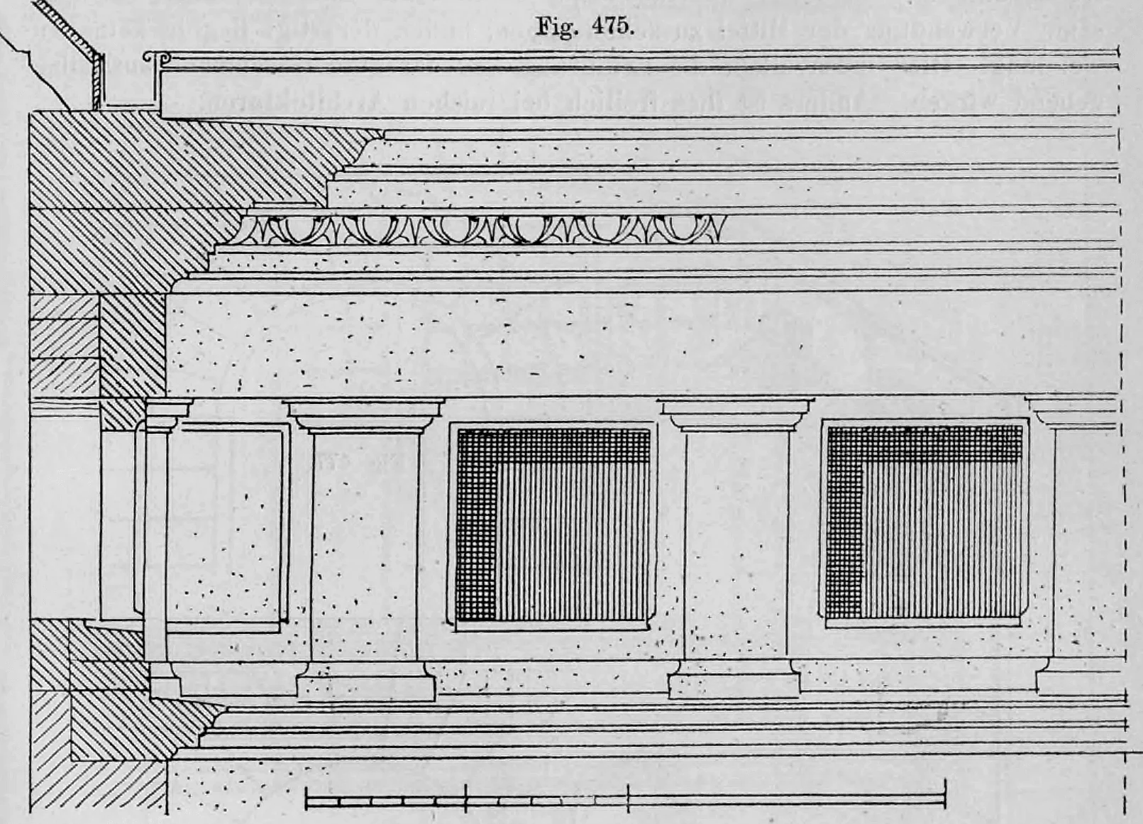 Fig. 475.: Kleine Fenster, die unmittelbar unter einem Hauptgesims angeordnet sind.