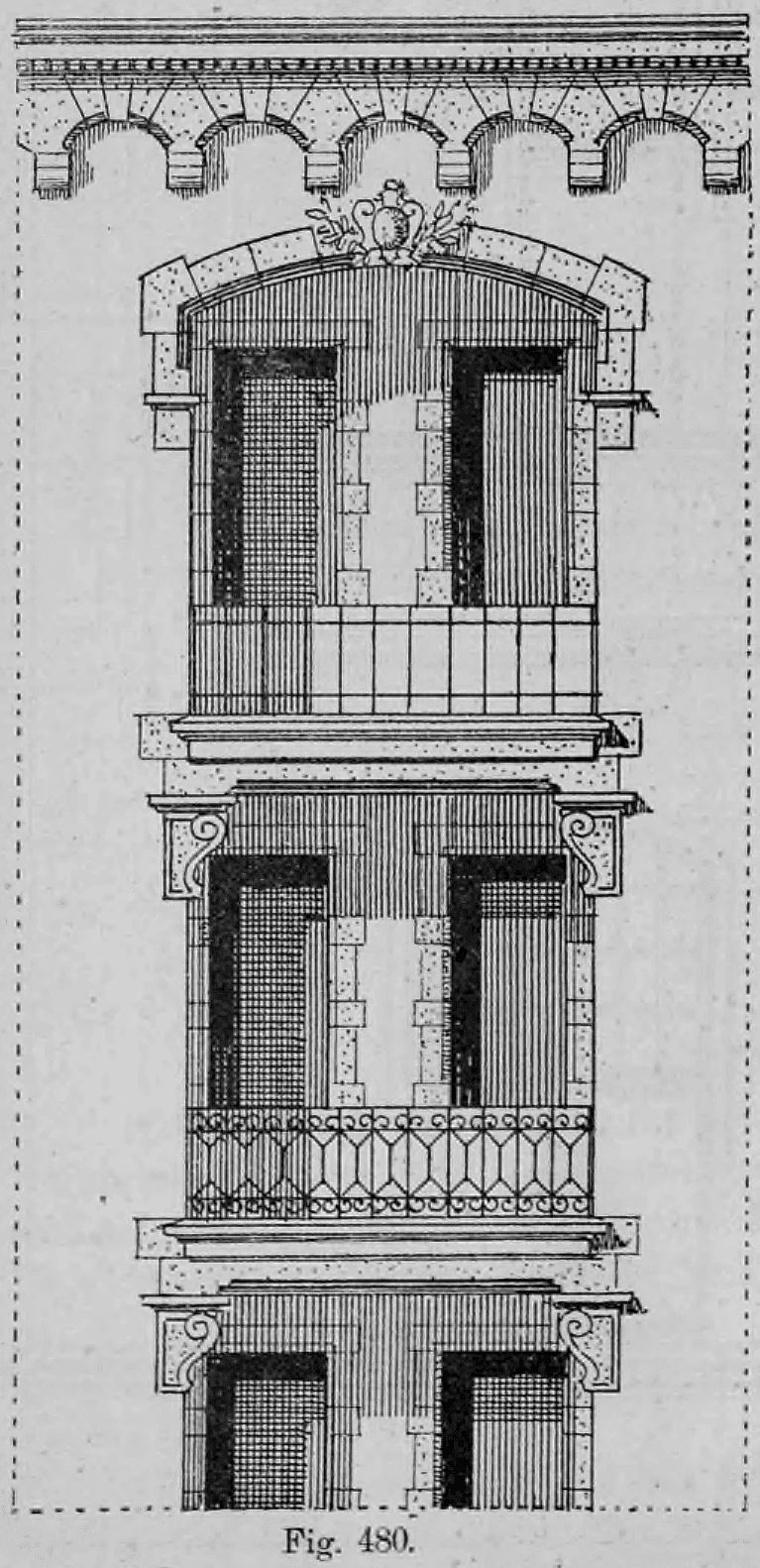 Fig. 480: Detailreiche Aufrisszeichnung einer prunkvollen Fensterachse über mehrere Etagen.