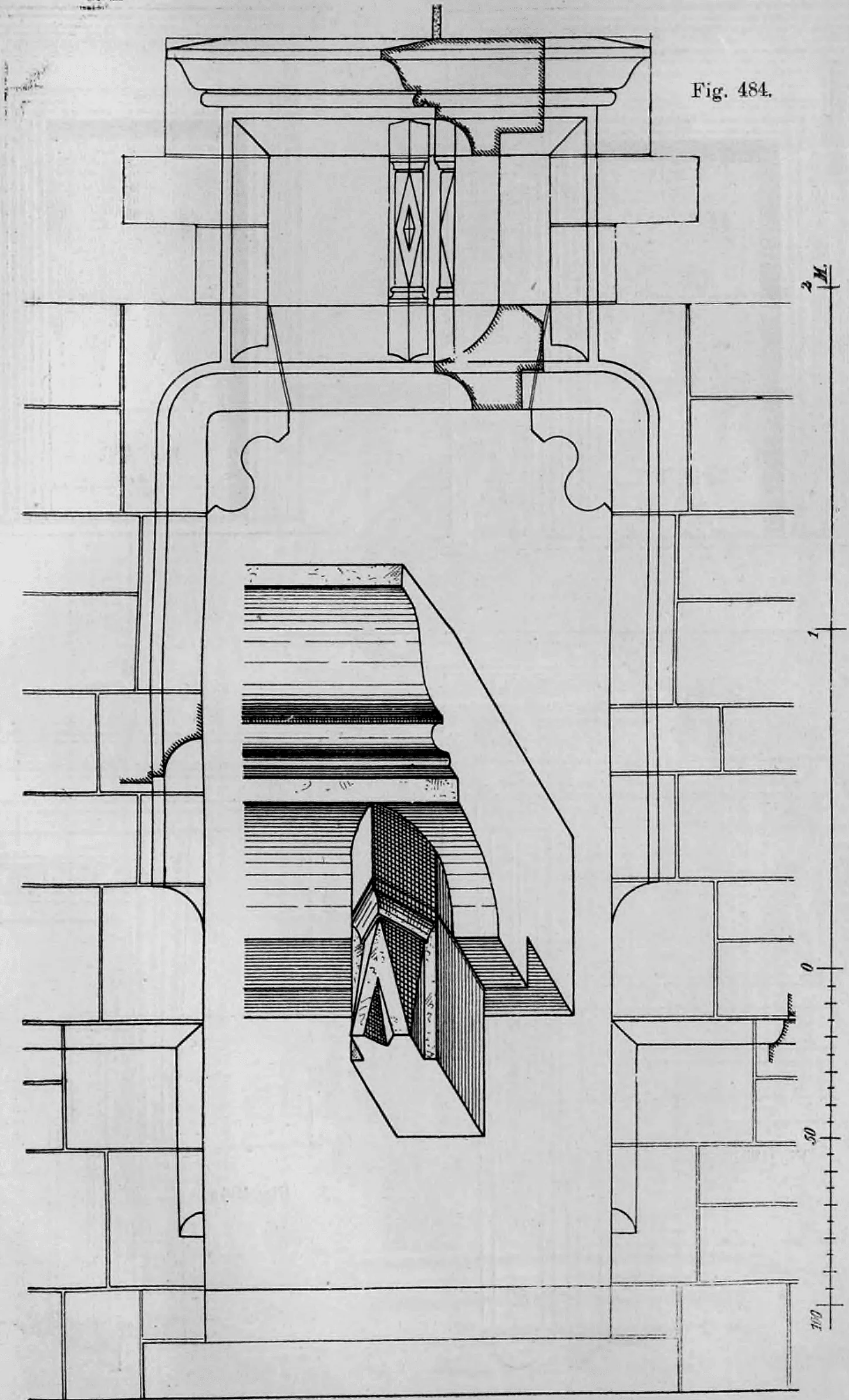 Fig. 484.: Detaillierte architektonische Zeichnung einer Portalumrahmung mit Aufriss und Profilschnitt.