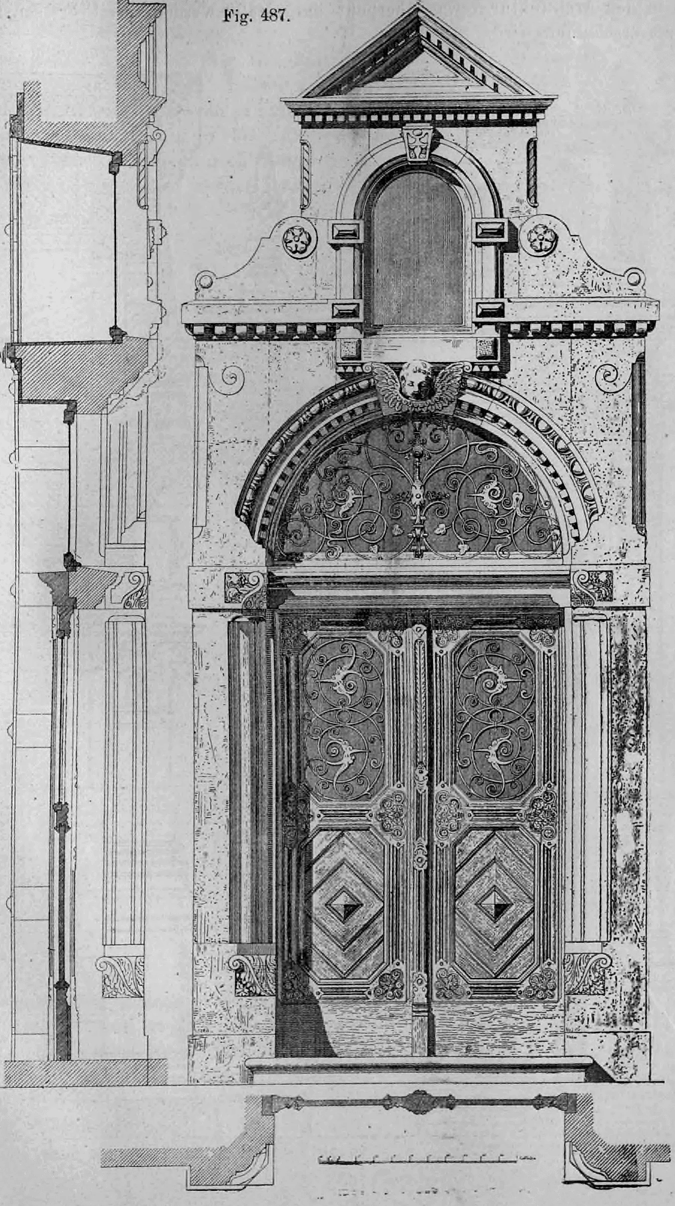 Fig. 487: Detaillierte Darstellung einer prunkvollen Portalarchitektur mit Aufriss.