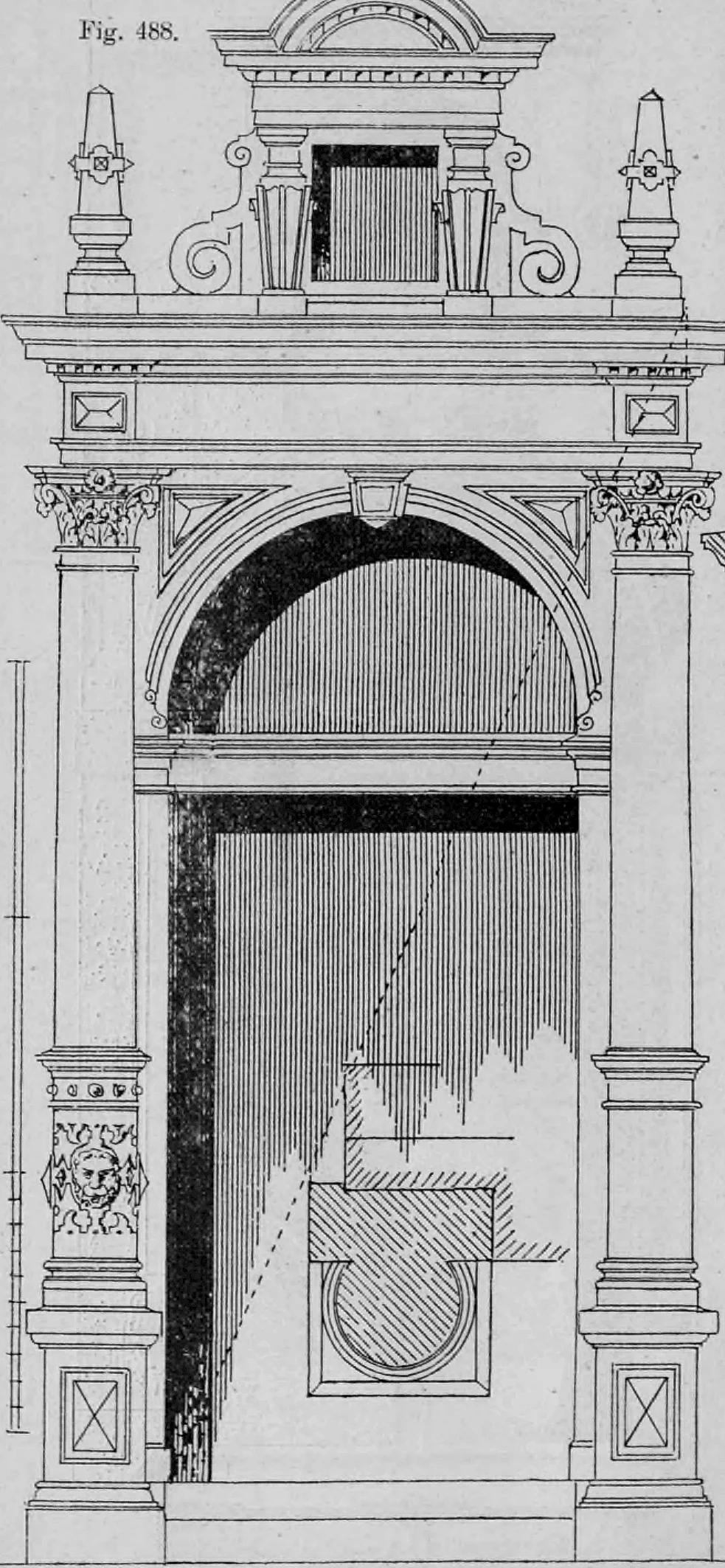 Fig. 488: Vorderansicht einer prachtvollen Portalarchitektur mit korinthischen Pilastern.