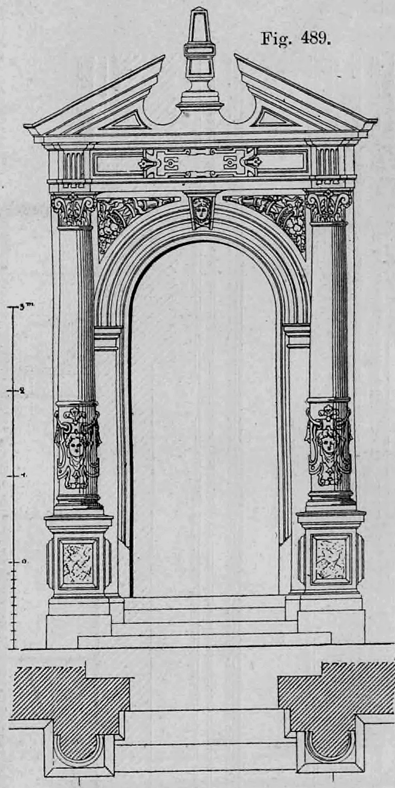 Fig. 489.: Aufriss und Teilschnitt einer Renaissance-Türumrahmung.