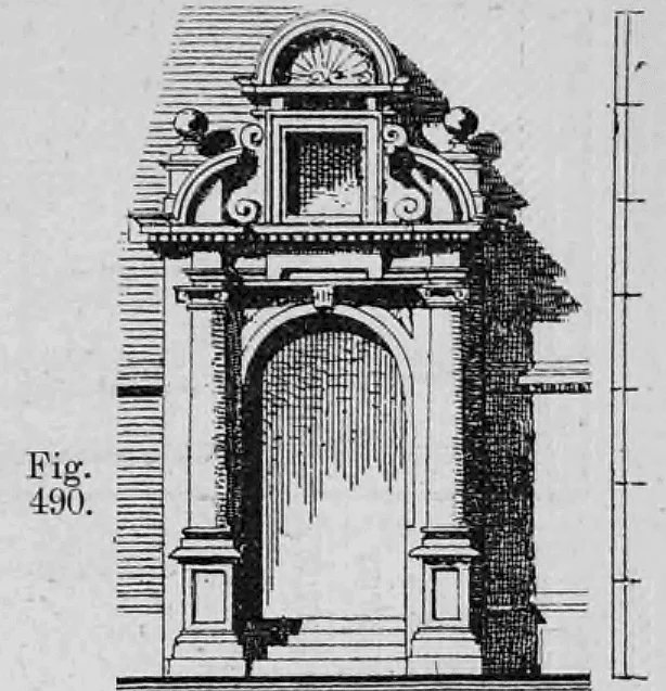 Fig. 490.: Detailreiche Portalarchitektur mit Säulen und einem durchbrochenen Giebel.