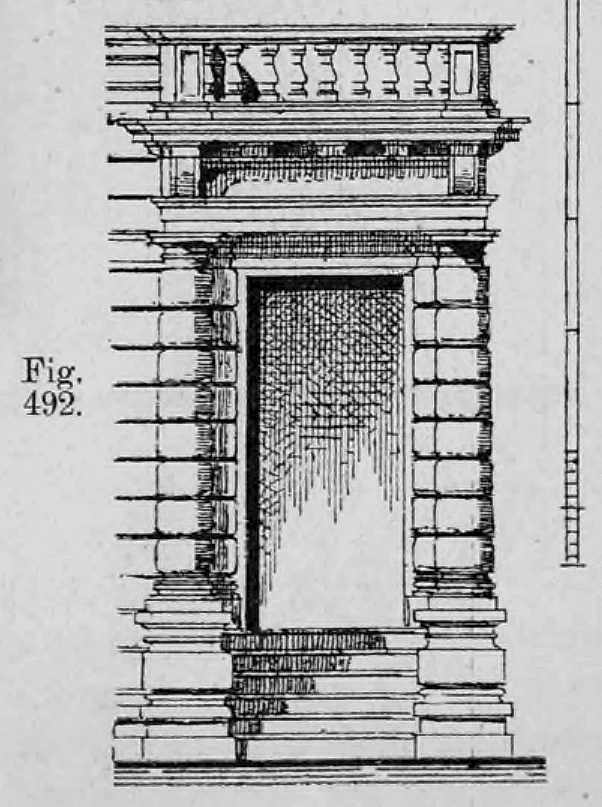 Fig. 492.: Portal mit kräftiger Rustika-Einfassung und bekrönender Balustrade.