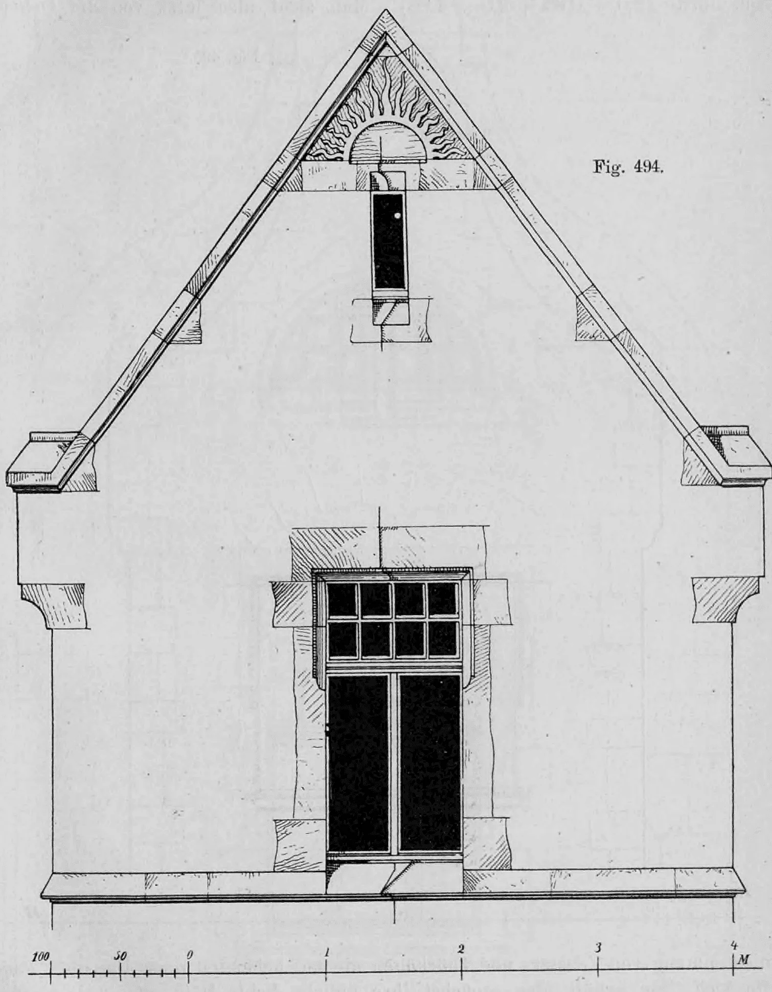 Fig. 494.: Architektonische Aufriss-Zeichnung einer Fassade mit Giebel.