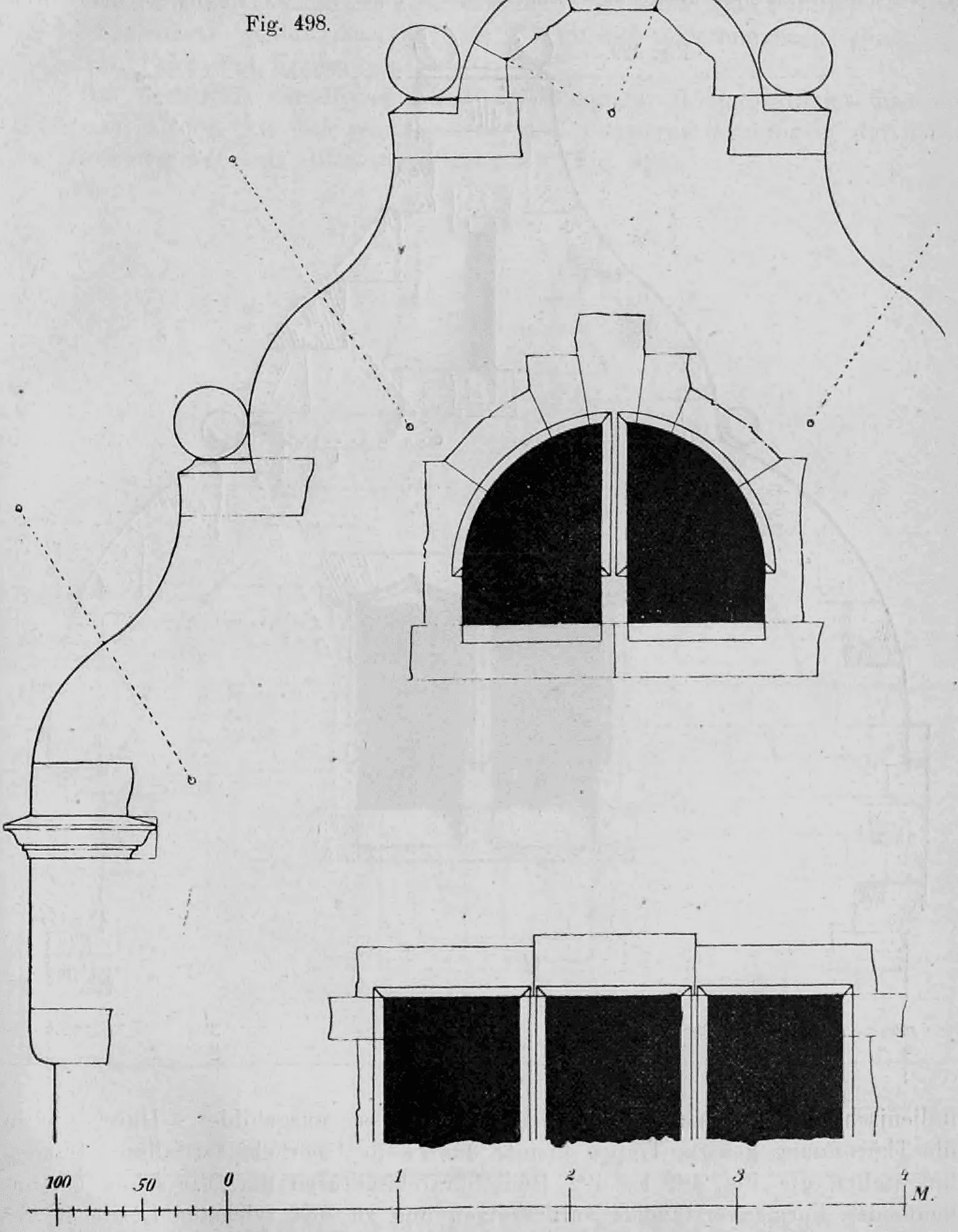 Fig. 498: Detailzeichnung einer monumentalen Türbekrönung mit Voluten.