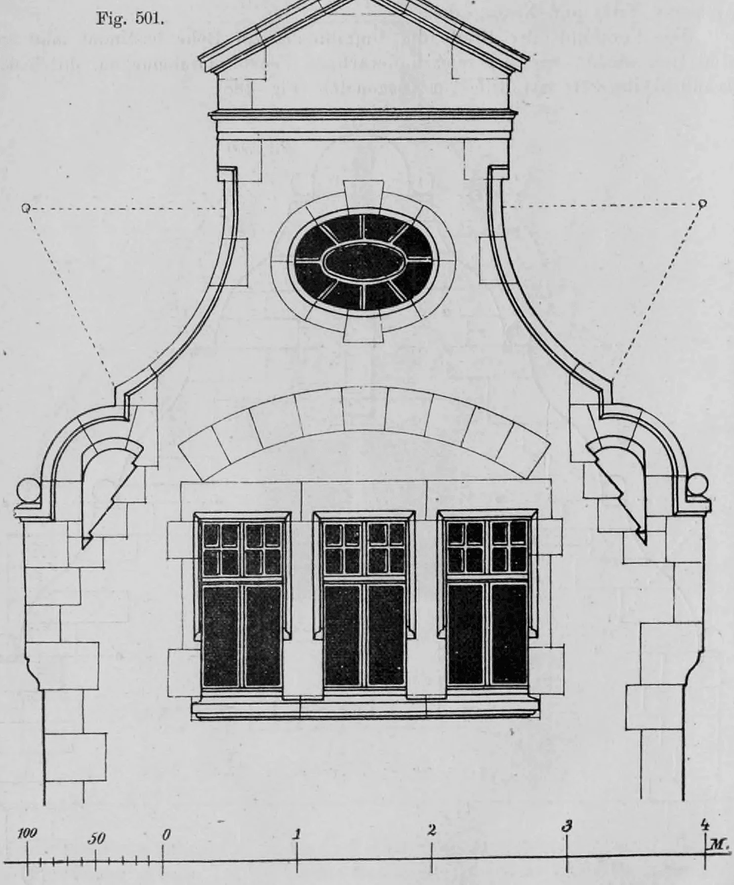 Fig. 501: Giebelansicht mit zentralem Ovalfenster über einer dreiteiligen Fenstergruppe.