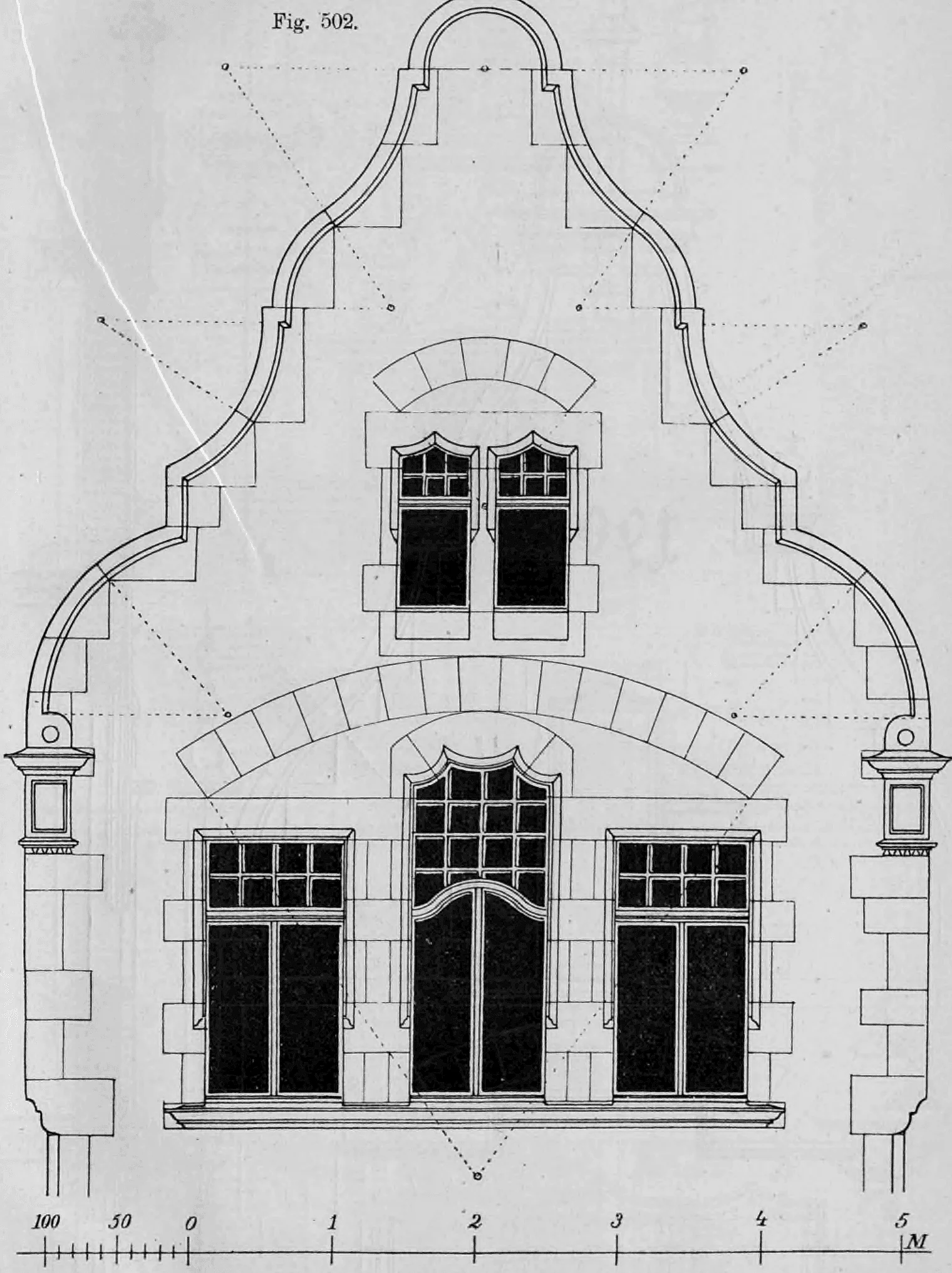 Fig. 502: Vorderansicht eines Hauses mit einem reich verzierten, geschweiften Giebel.