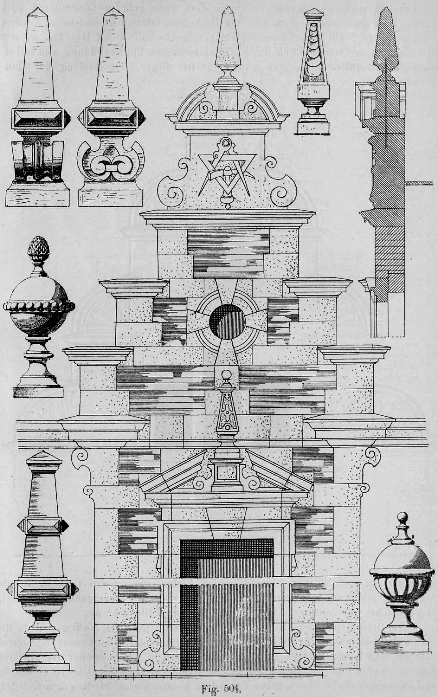 Fig. 504: Zusammenstellung architektonischer Details nach einem Entwurf von H. Griesebach.