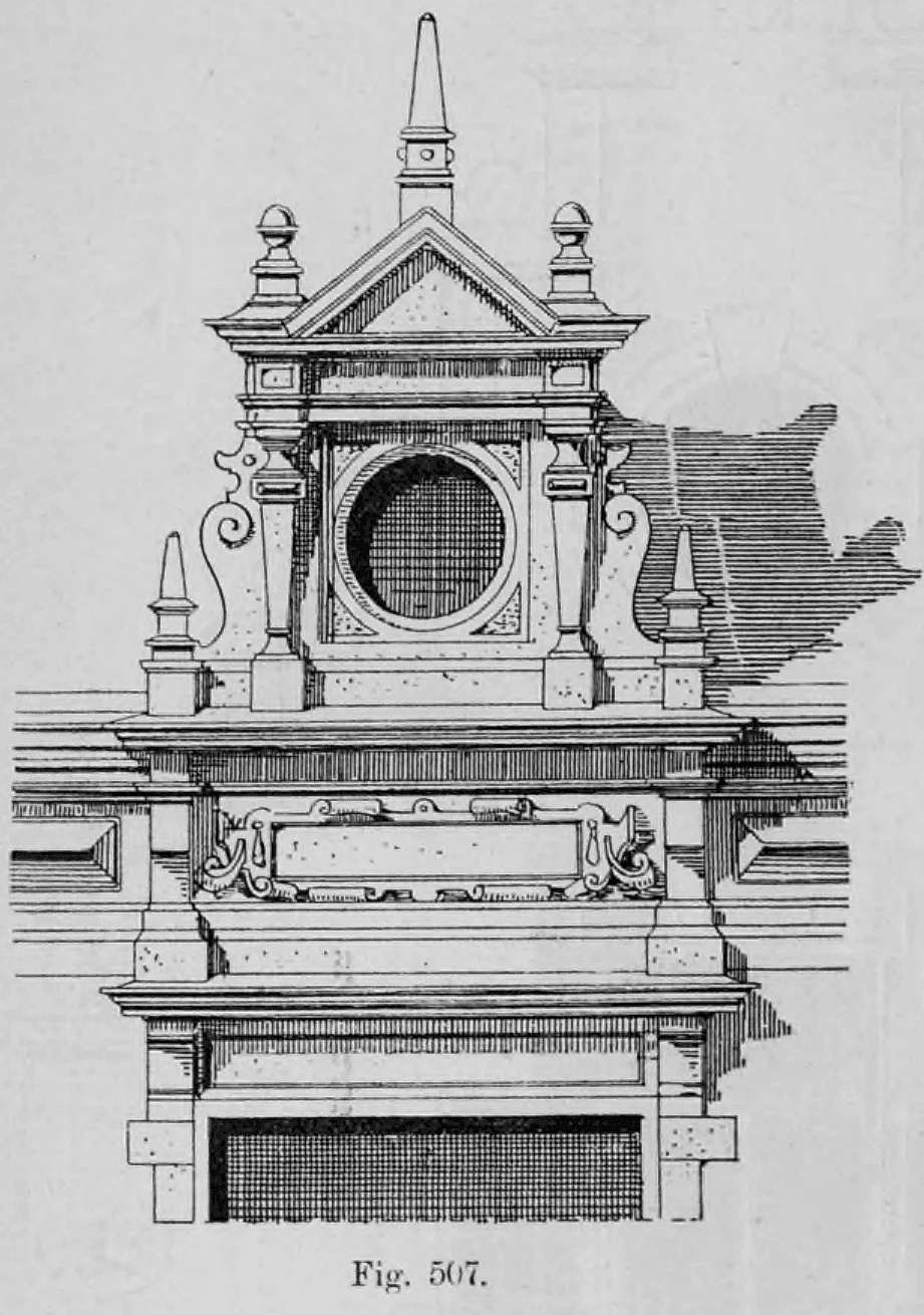 Fig. 507: Ein Giebelaufbau im Stil der Renaissance mit Pilastern.