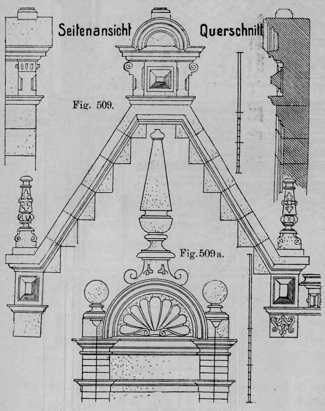 Fig. 509 und 509a: Architekturzeichnung einer Giebelbekrönung mit Ornamentik.