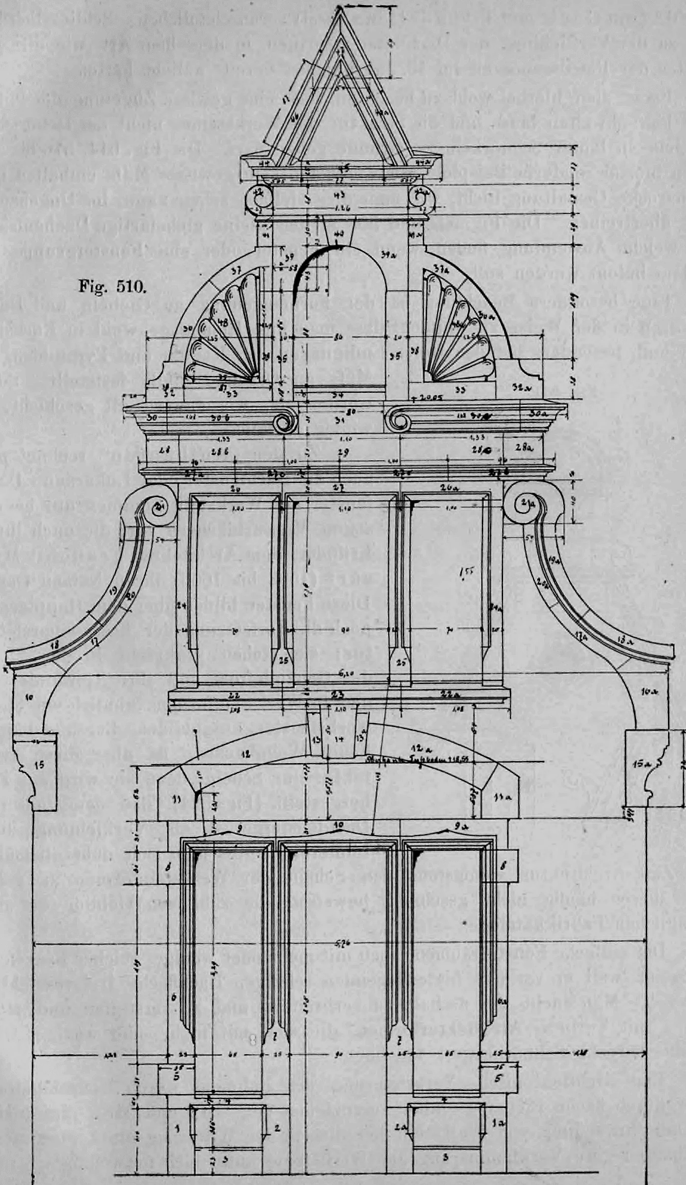 Fig. 510: Detaillierte technische Zeichnung eines prunkvollen Renaissance-Fensteraufbaus.