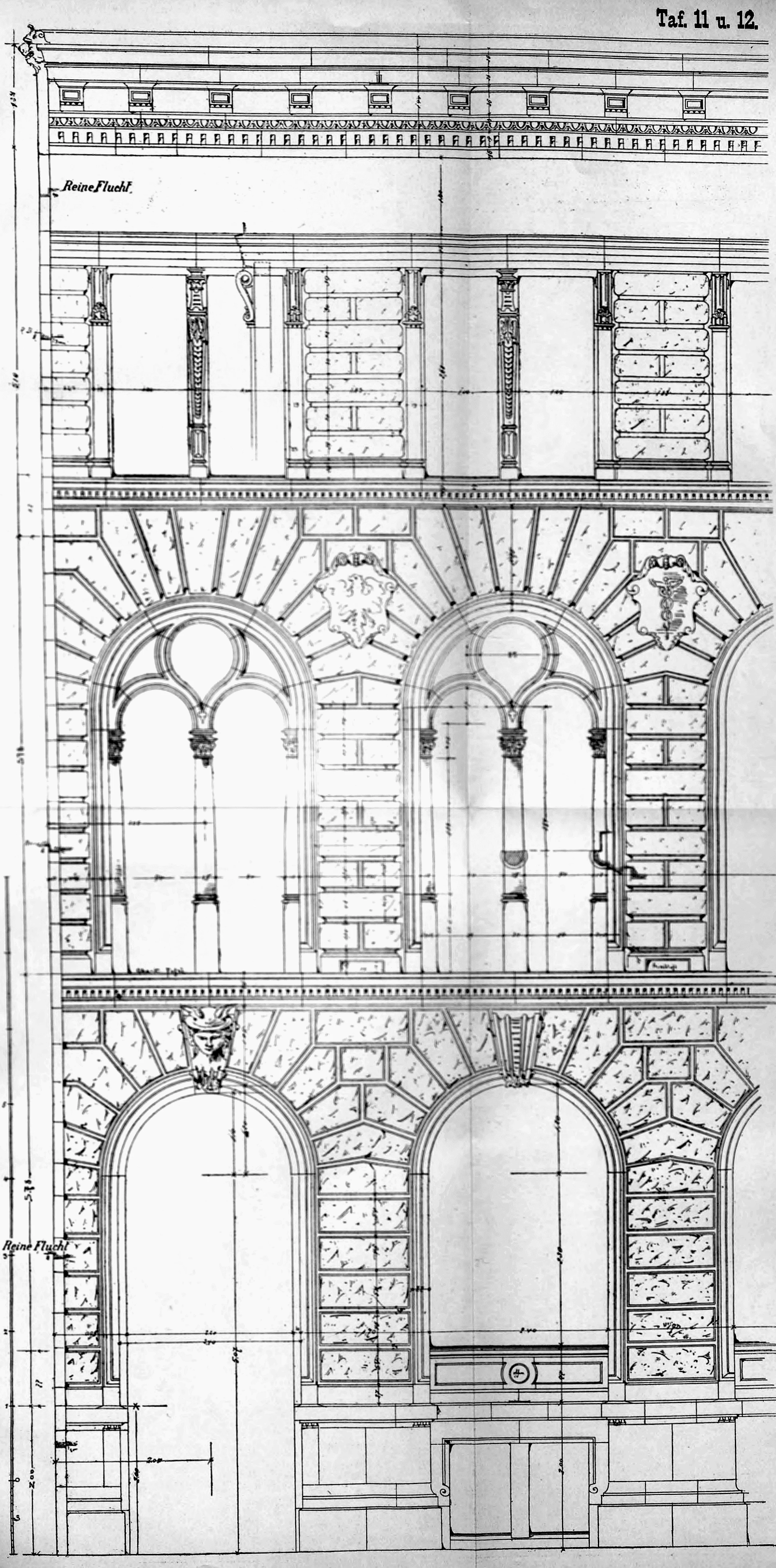 Tafel 11 u. 12: Detaillierte Architekturzeichnung einer monumentalen Fassade.
